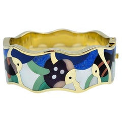 Asch Grossbardt Stone Inlay Fish Motif Hinged Cuff Bracelet in 18 Karat Gold