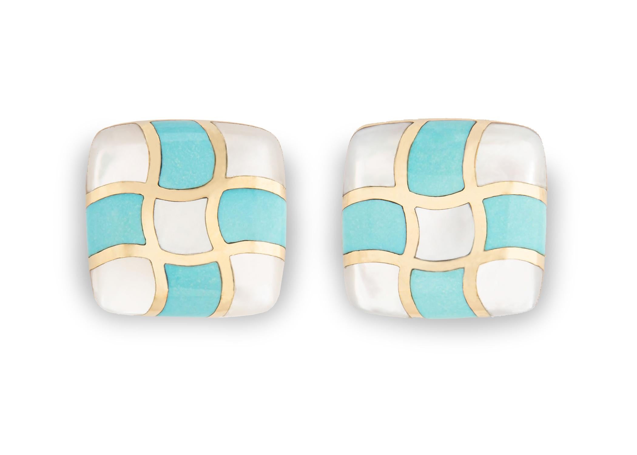 Asch Grossbardt combines rich turquoise and bright mother of pearl in a simple checkerboard pattern to create this chic easy to wear earring. Approximately 7/8's of an inch in size.