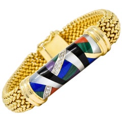 Asch Grossbardt Vintage Diamond Gemstone Inlay 14 Karat Gold Mesh Bracelet