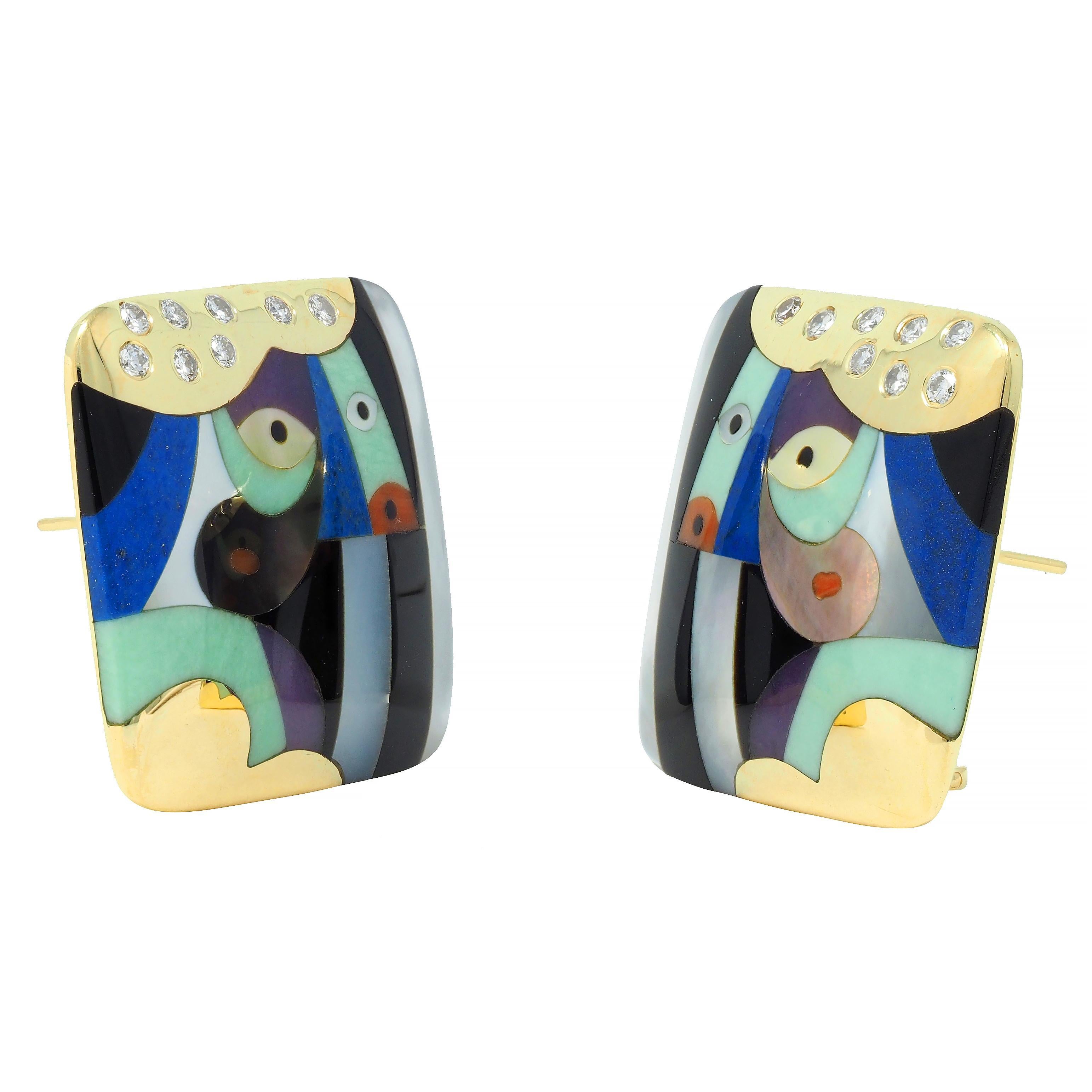 Women's or Men's Asch Grossbardt Vintage Inlaid Multi-Gem 14 Karat Gold Picasso Portrait Earrings