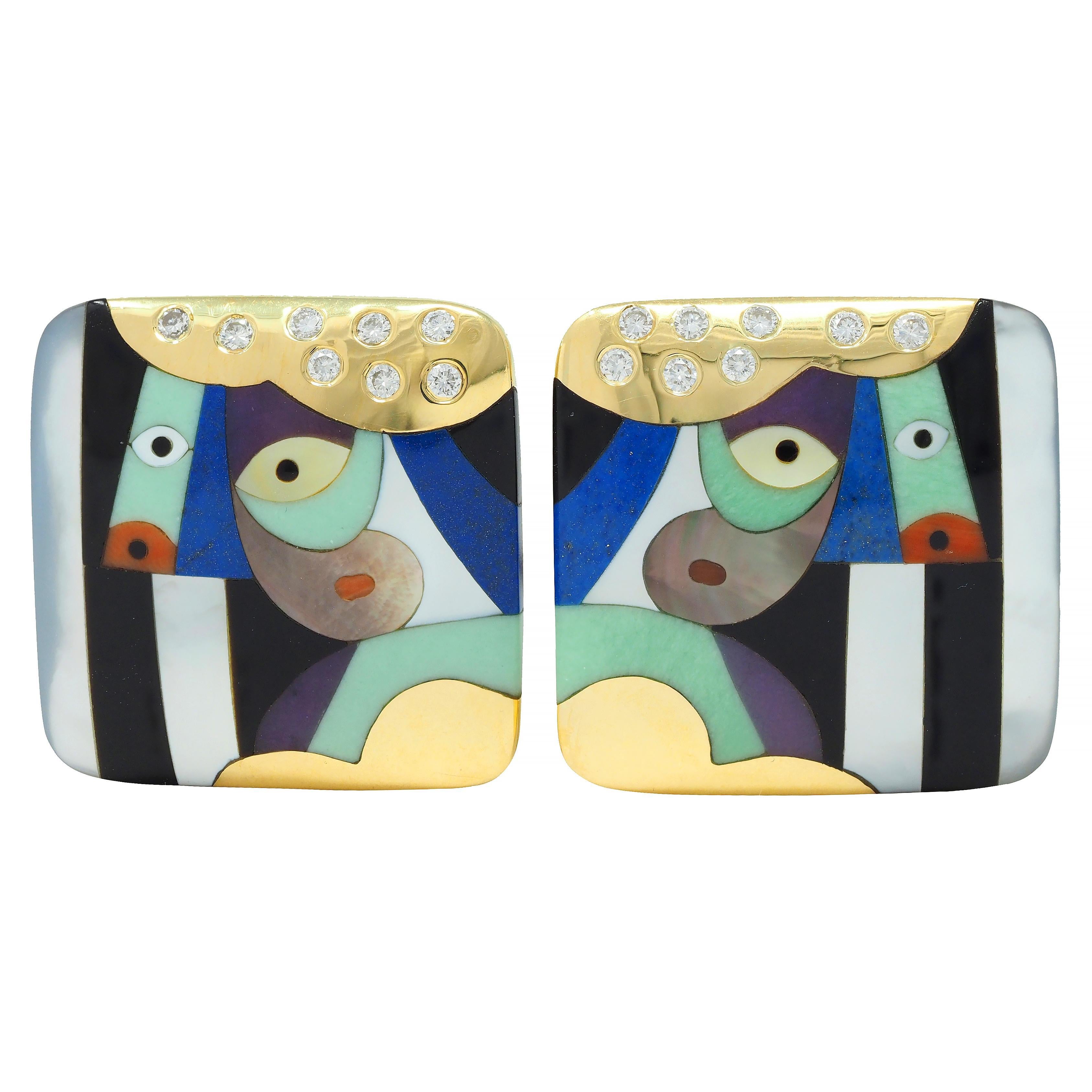 Asch Grossbardt Vintage Inlaid Multi-Gem 14 Karat Gold Picasso Portrait Earrings 4