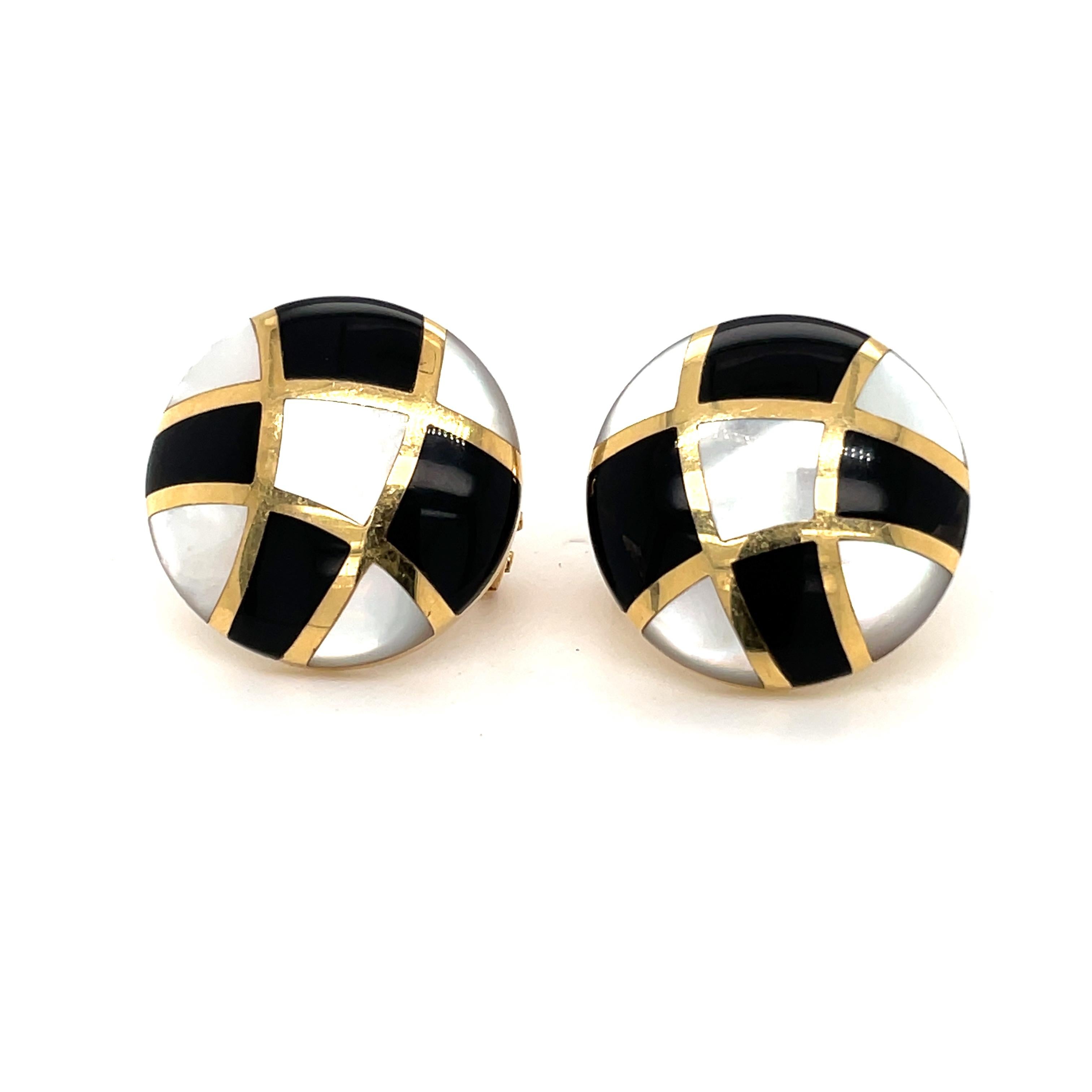 Asch Grossbardt 14K Yellow Gold Mother of Pearl and Onyx Clip Post Earrings.  