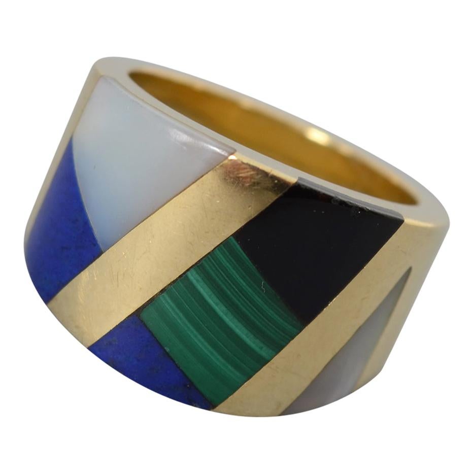 Asch Grossbardt Wide Gold Band Inlaid Stones Ring