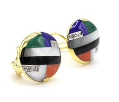 Asch Grossbardt Yellow Gold Colored Stone & Diamond Inlay Button Earrings