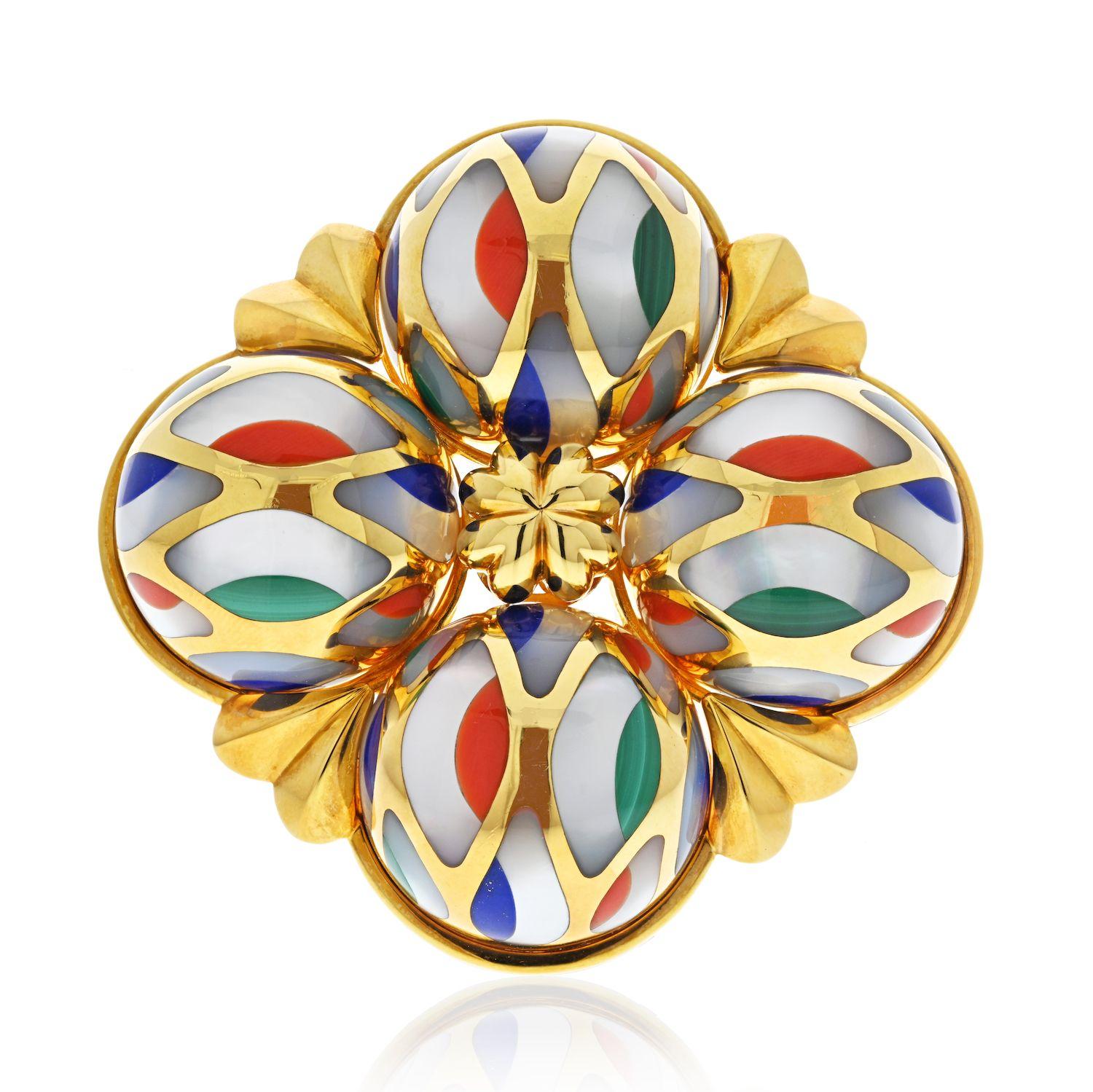 Very bright and colorful brooch by Asch Grossbradt, made in 18K Yellow with a bubble like design accented with bright multi-color enamel. 
Mother-of-pearl, coral, lapis lazuli, and malachite plaques, 18k yellow gold, signed Asch