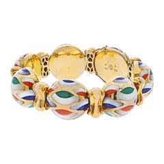 Vintage Asch Grossbradt 18K Yellow Gold Multi-Color Enamel Mother Of Pearl Bracelet
