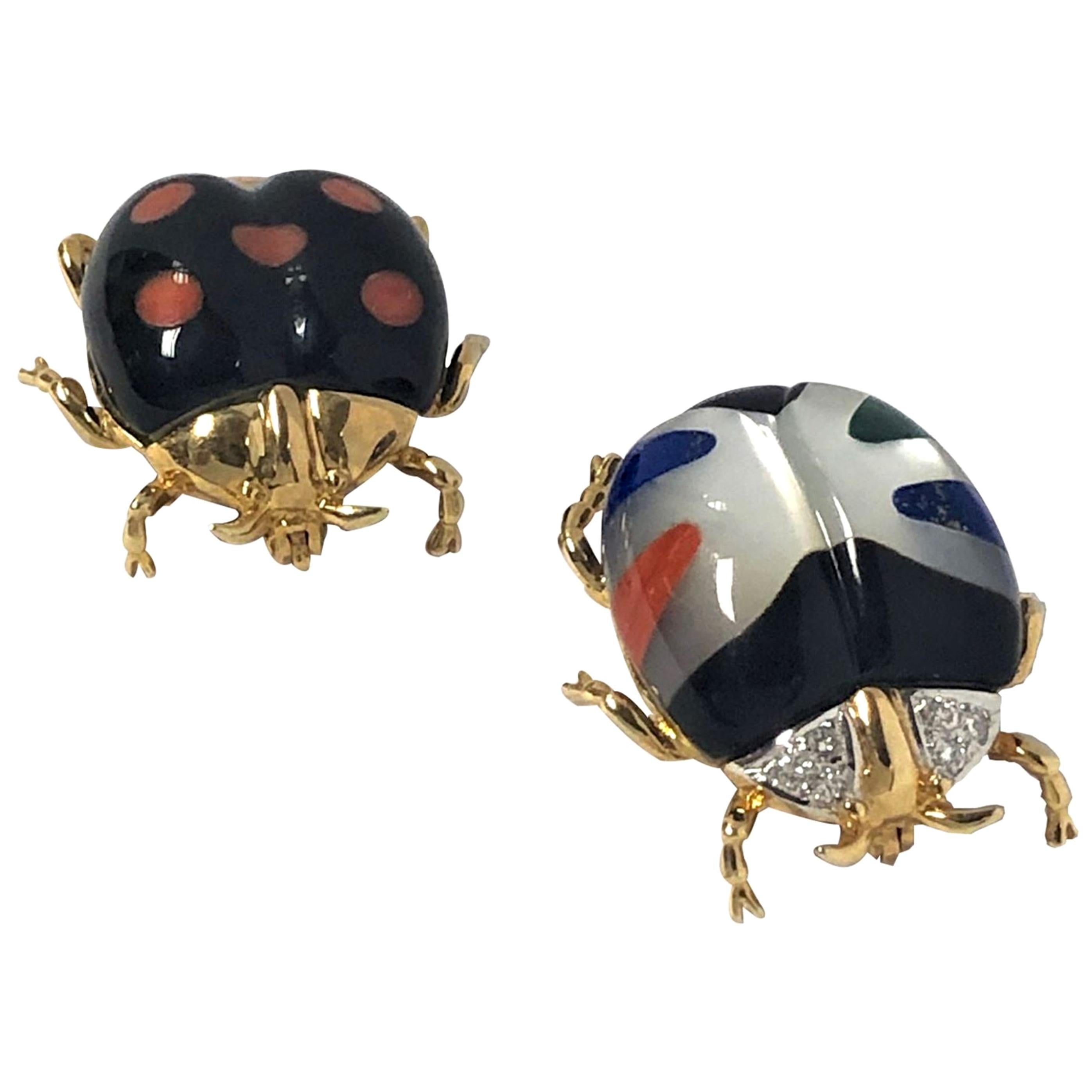 Asch Grossbardt Gold Diamond and Gemstone Inlay Beetle Brooches