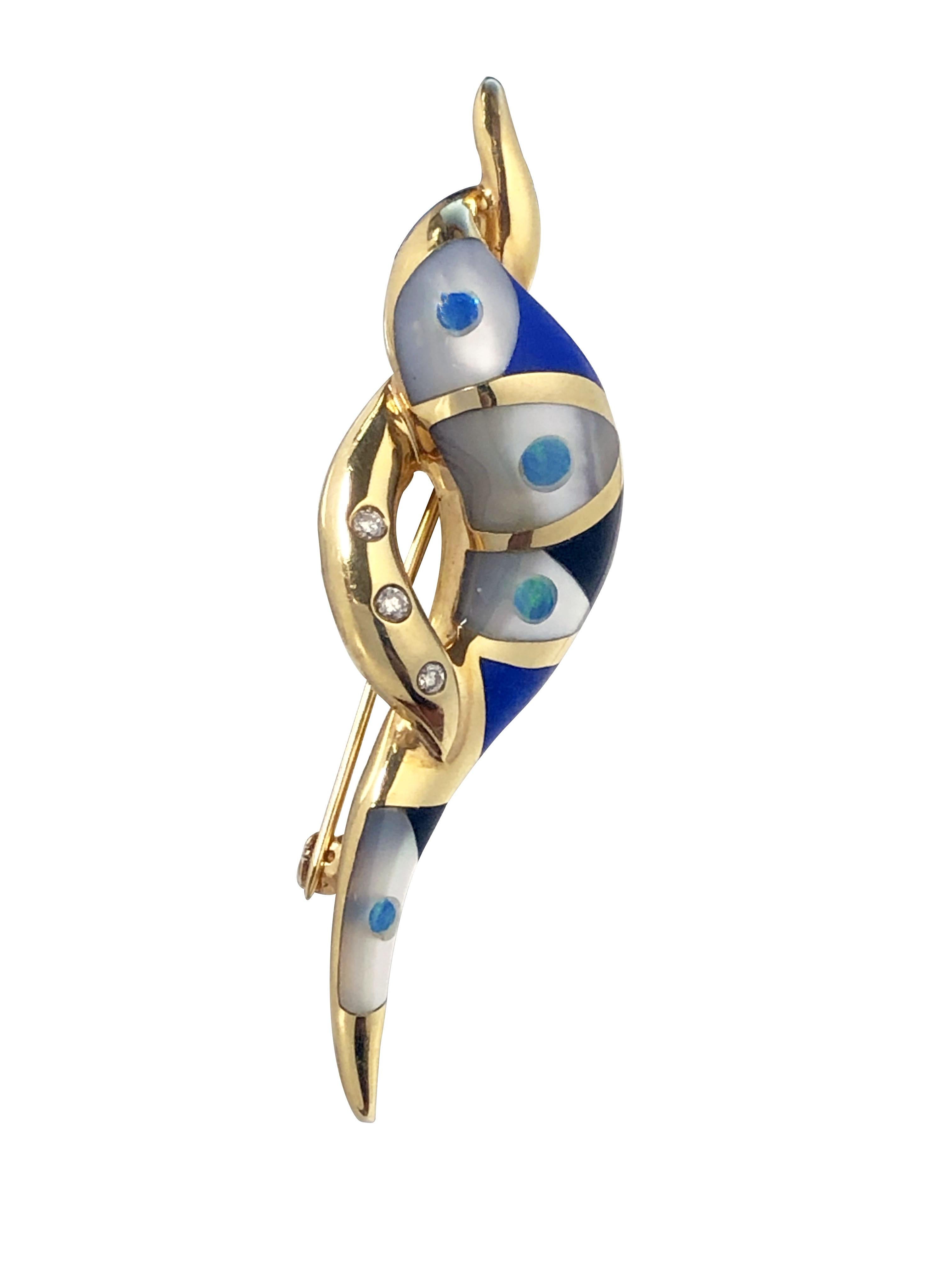 Round Cut Asche Grossbardt Yellow Gold and Gem Stone inlay Brooch For Sale