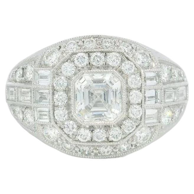 Anello con cluster di diamanti taglio Ascher in platino ~2,79ctw in stile Art Deco misura 6,25 in vendita
