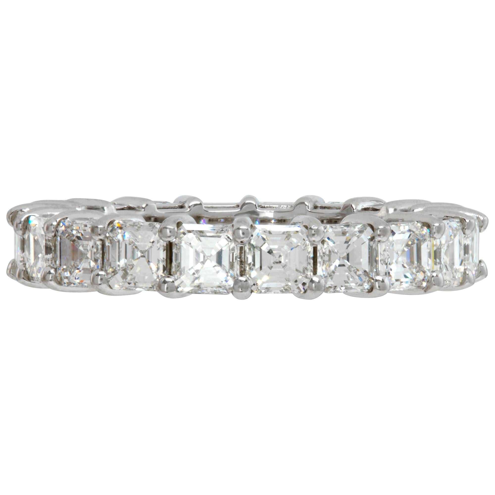 Ascher cut diamond eternity band in platinum with approximately 4.00 carats in diamonds (F-G color, VS clarity). Size 6