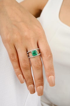 Ascher Cut Emerald Diamond Double Band Wedding Ring Made in 14k White Gold