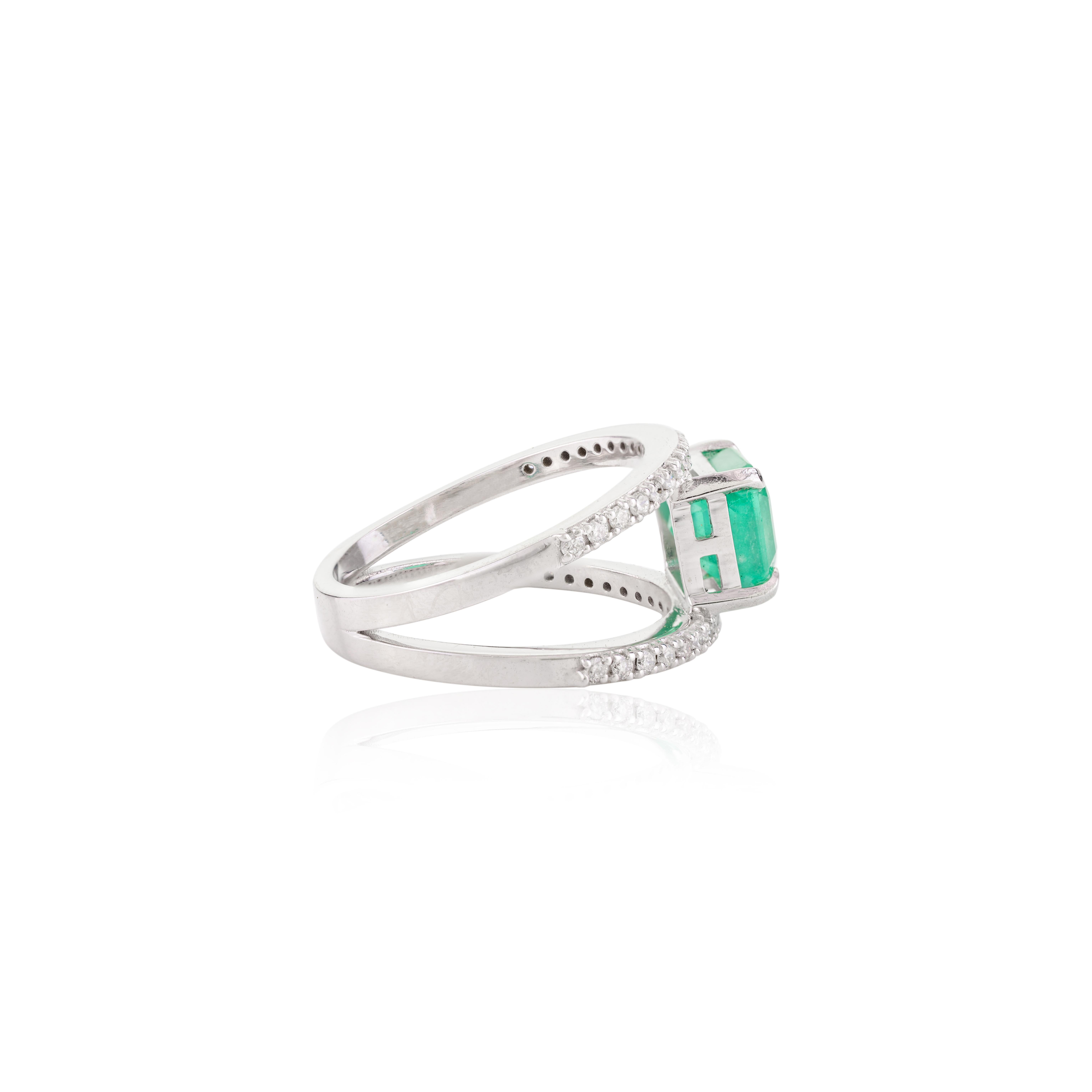 For Sale:  Ascher Cut Emerald Diamond Double Band Wedding Ring Made in 14k White Gold 3