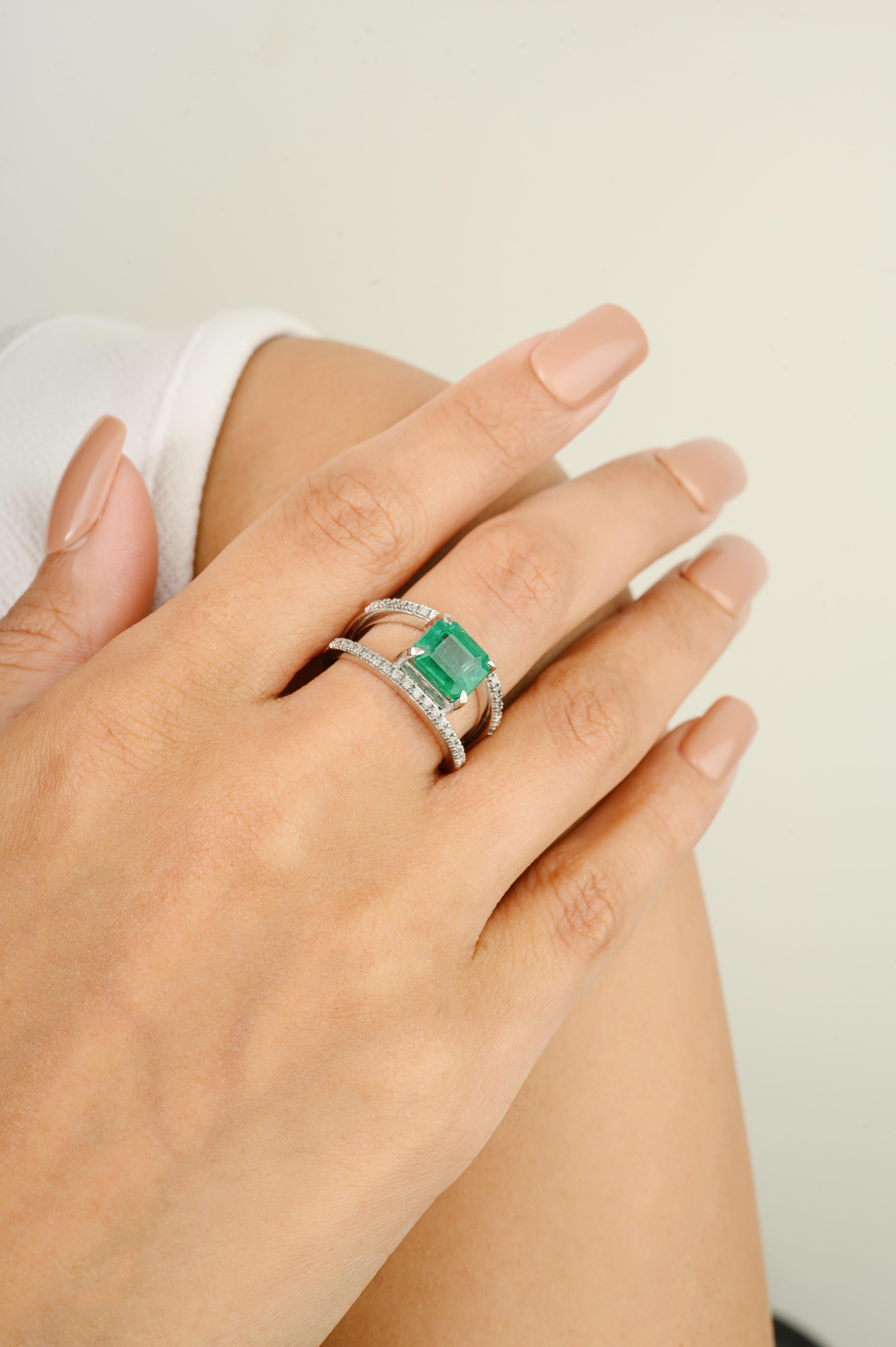 For Sale:  Ascher Cut Emerald Diamond Double Band Wedding Ring Made in 14k White Gold 4