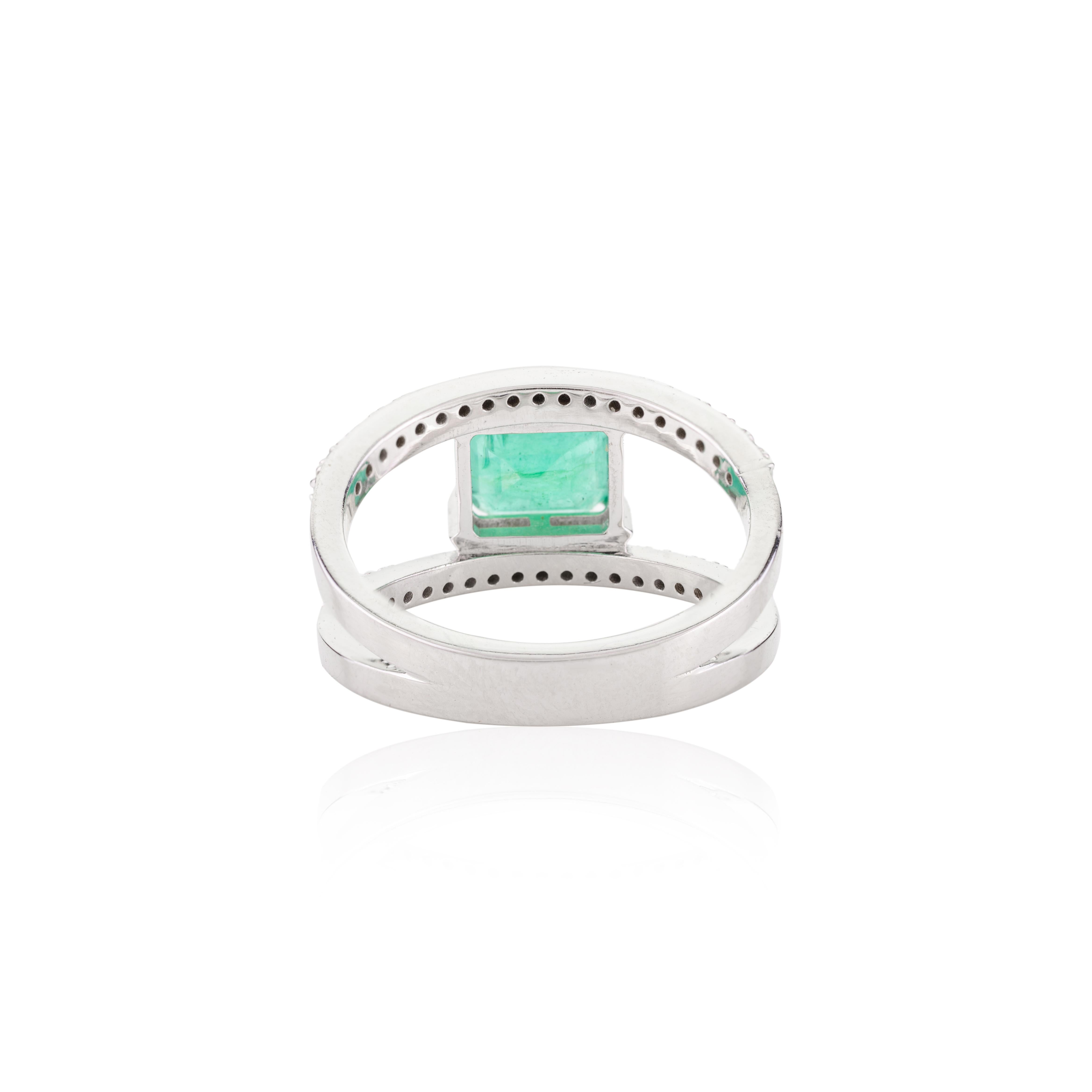For Sale:  Ascher Cut Emerald Diamond Double Band Wedding Ring Made in 14k White Gold 5