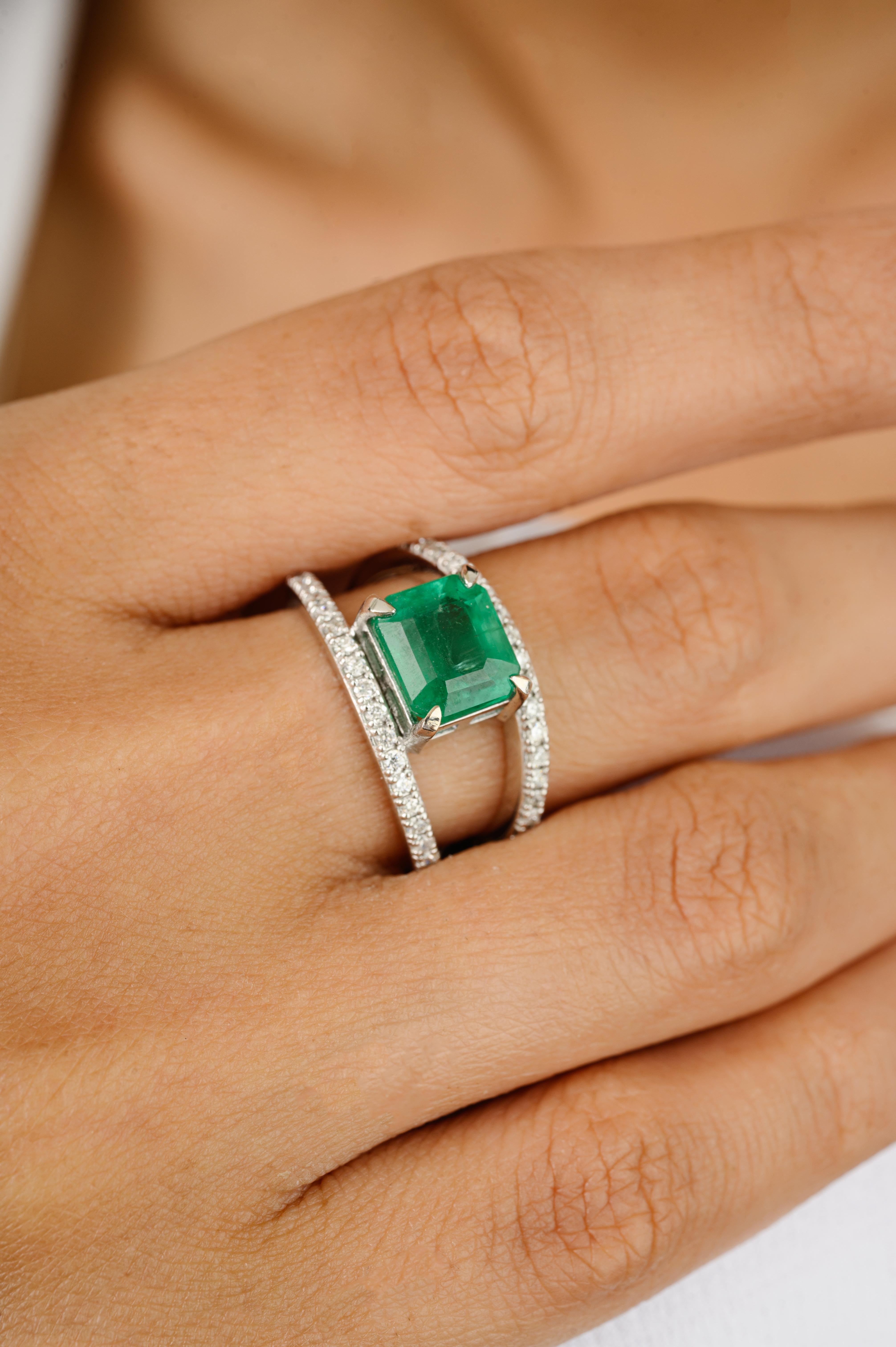 For Sale:  Ascher Cut Emerald Diamond Double Band Wedding Ring Made in 14k White Gold 6