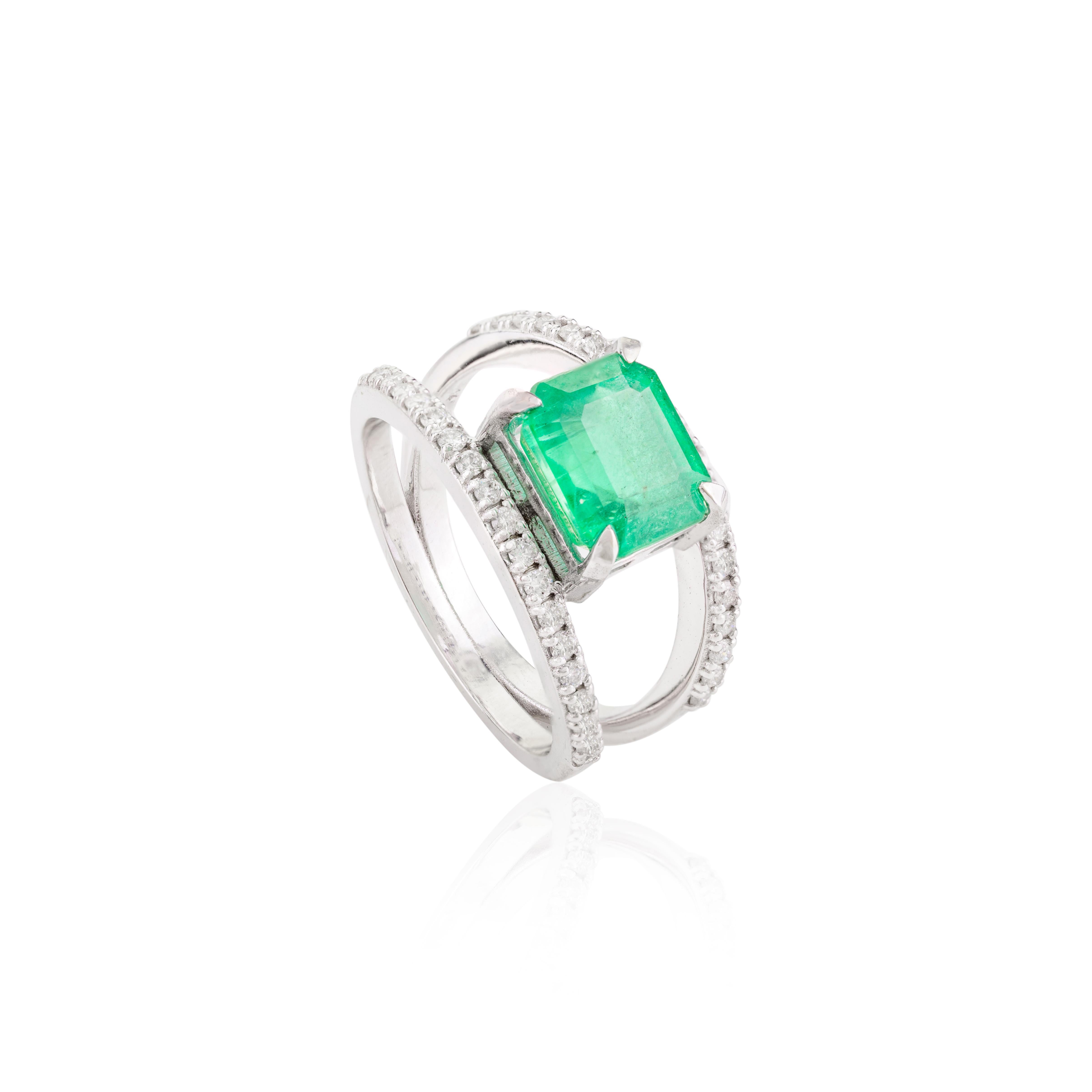For Sale:  Ascher Cut Emerald Diamond Double Band Wedding Ring Made in 14k White Gold 7