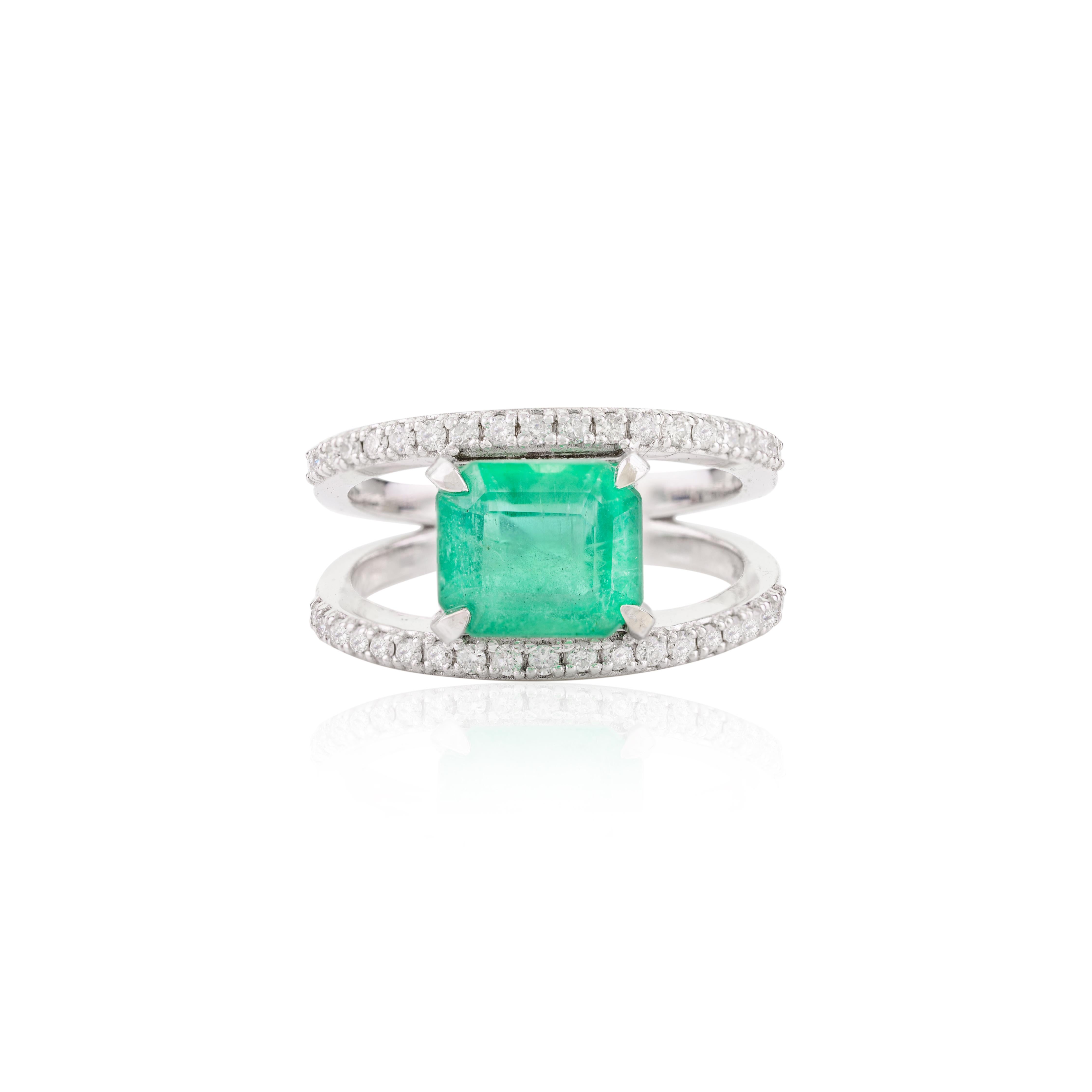 For Sale:  Ascher Cut Emerald Diamond Double Band Wedding Ring Made in 14k White Gold 8