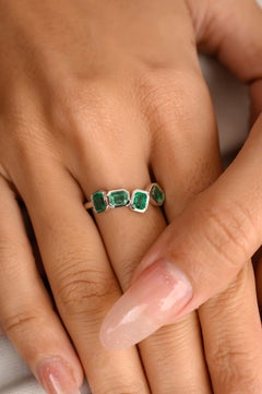 Ascher Cut Four Stone Emerald Band Ring in 14k Solid White Gold for Women