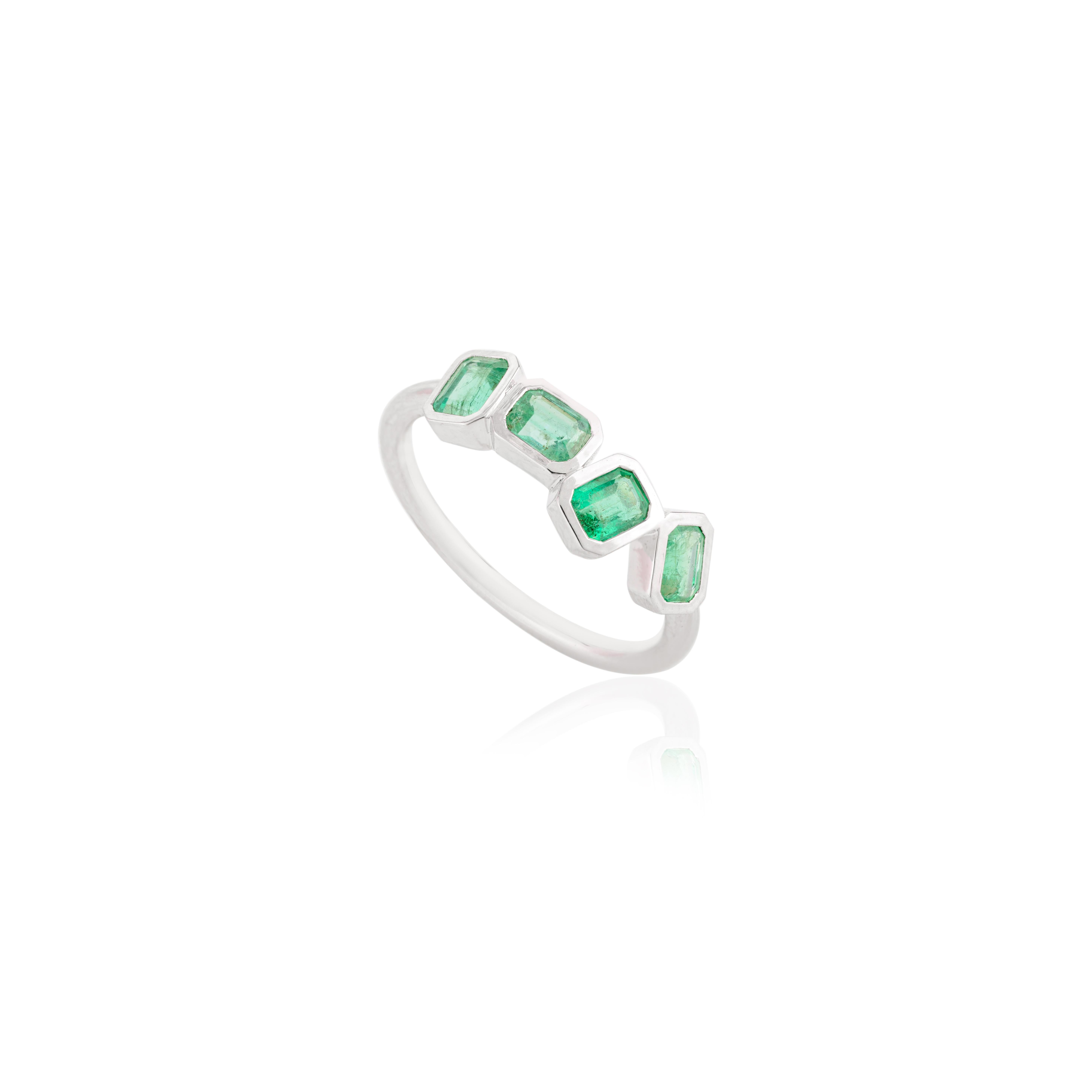 For Sale:  Ascher Cut Four Stone Emerald Band Ring in 14k Solid White Gold for Women 4