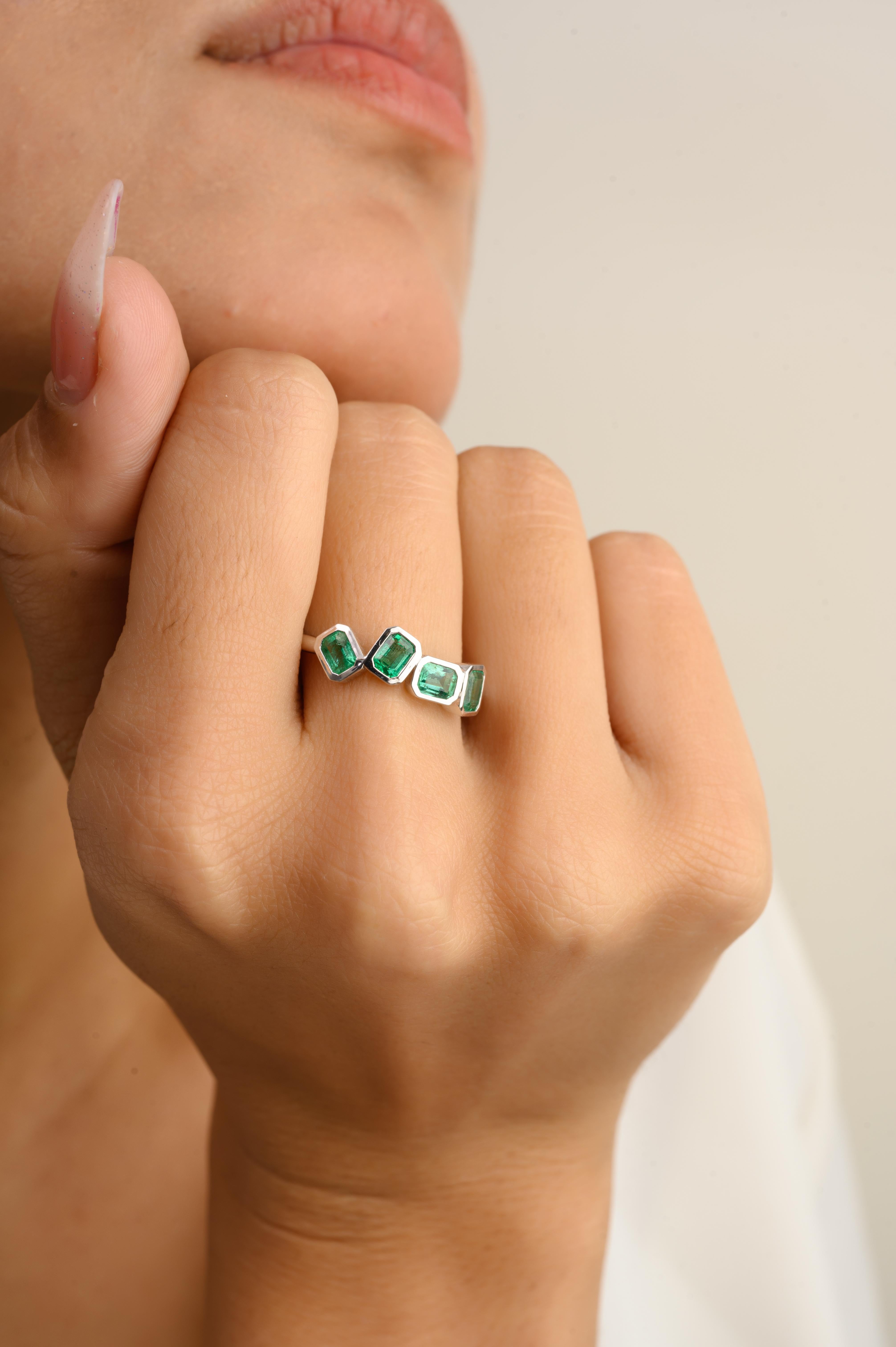 For Sale:  Ascher Cut Four Stone Emerald Band Ring in 14k Solid White Gold for Women 5
