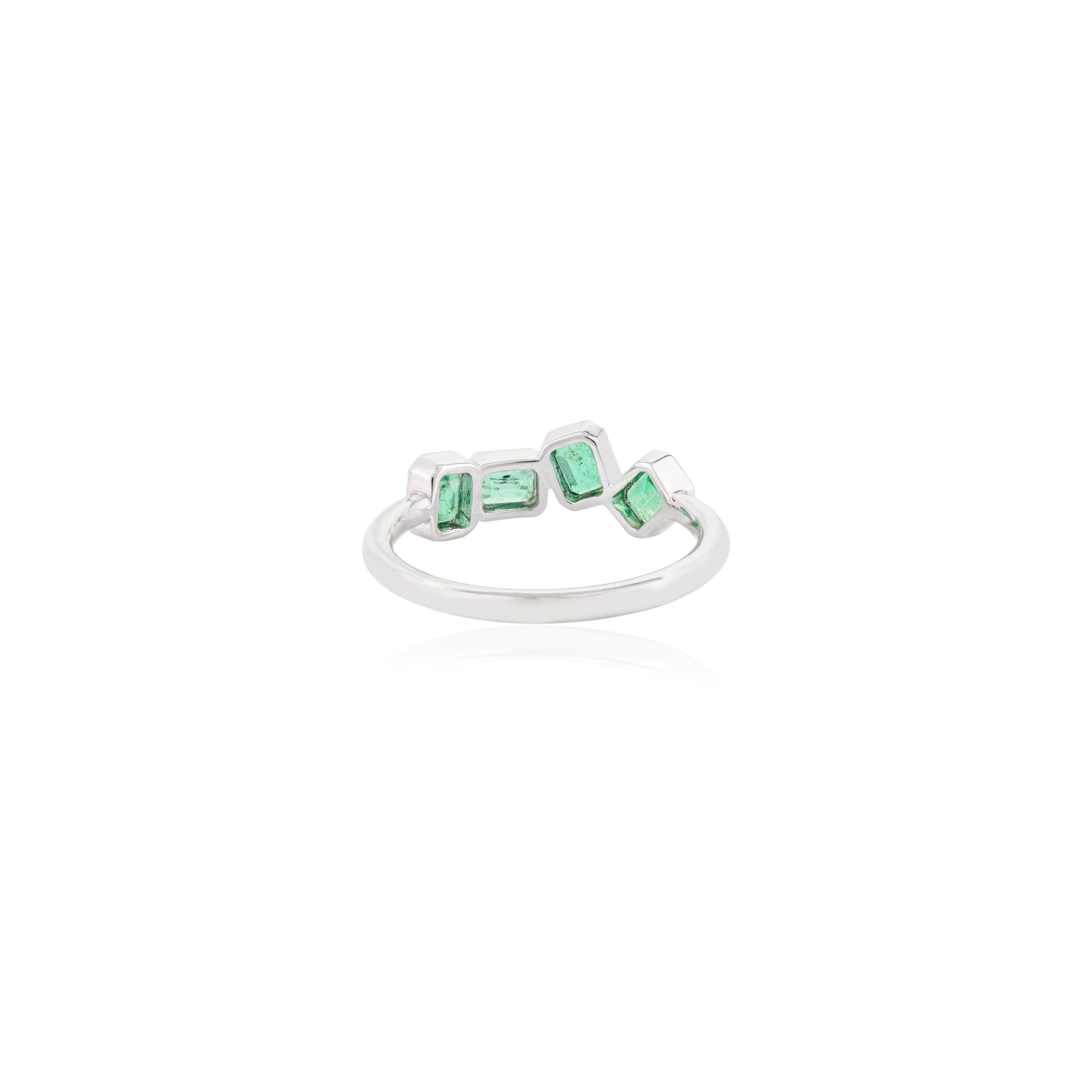 For Sale:  Ascher Cut Four Stone Emerald Band Ring in 14k Solid White Gold for Women 6