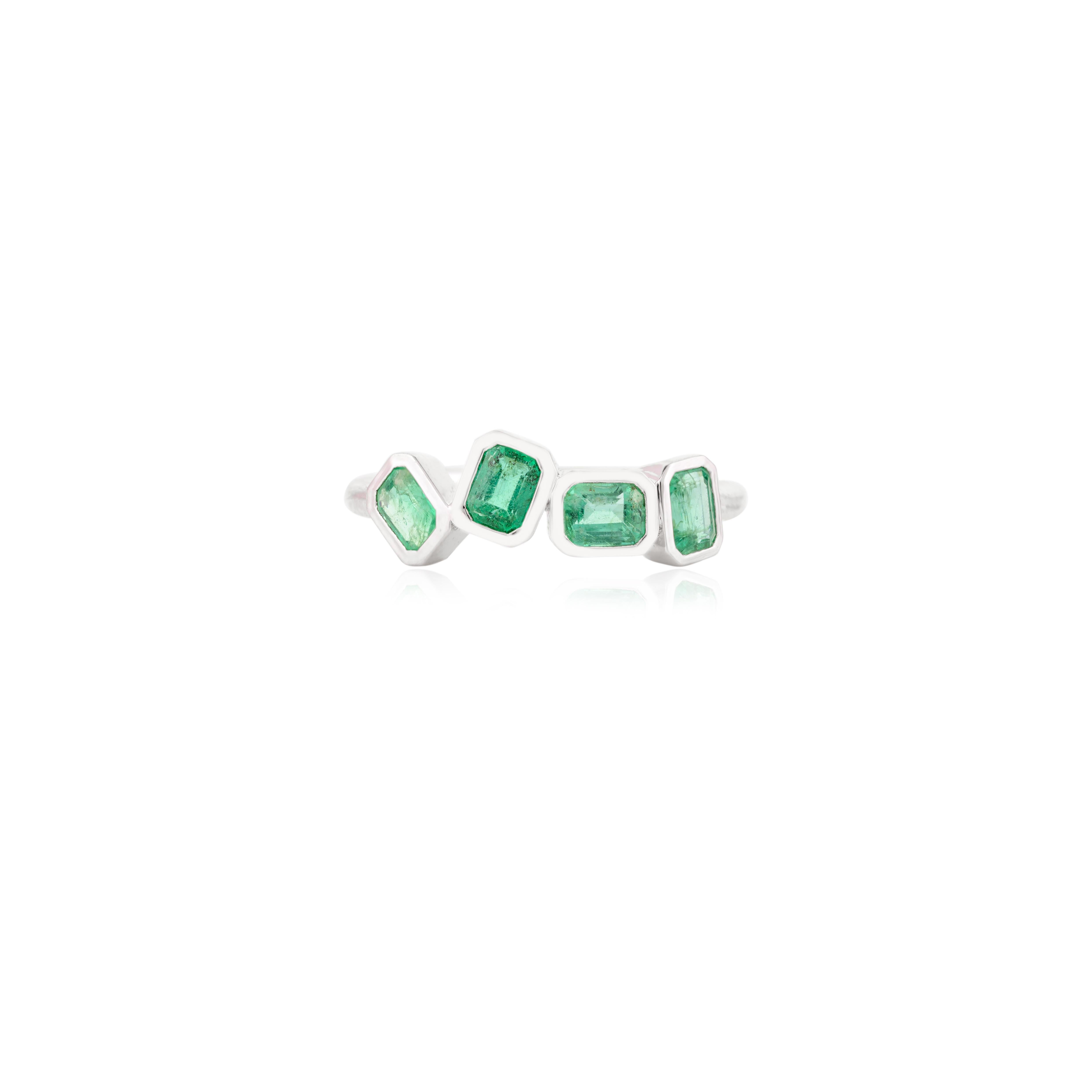 For Sale:  Ascher Cut Four Stone Emerald Band Ring in 14k Solid White Gold for Women 7