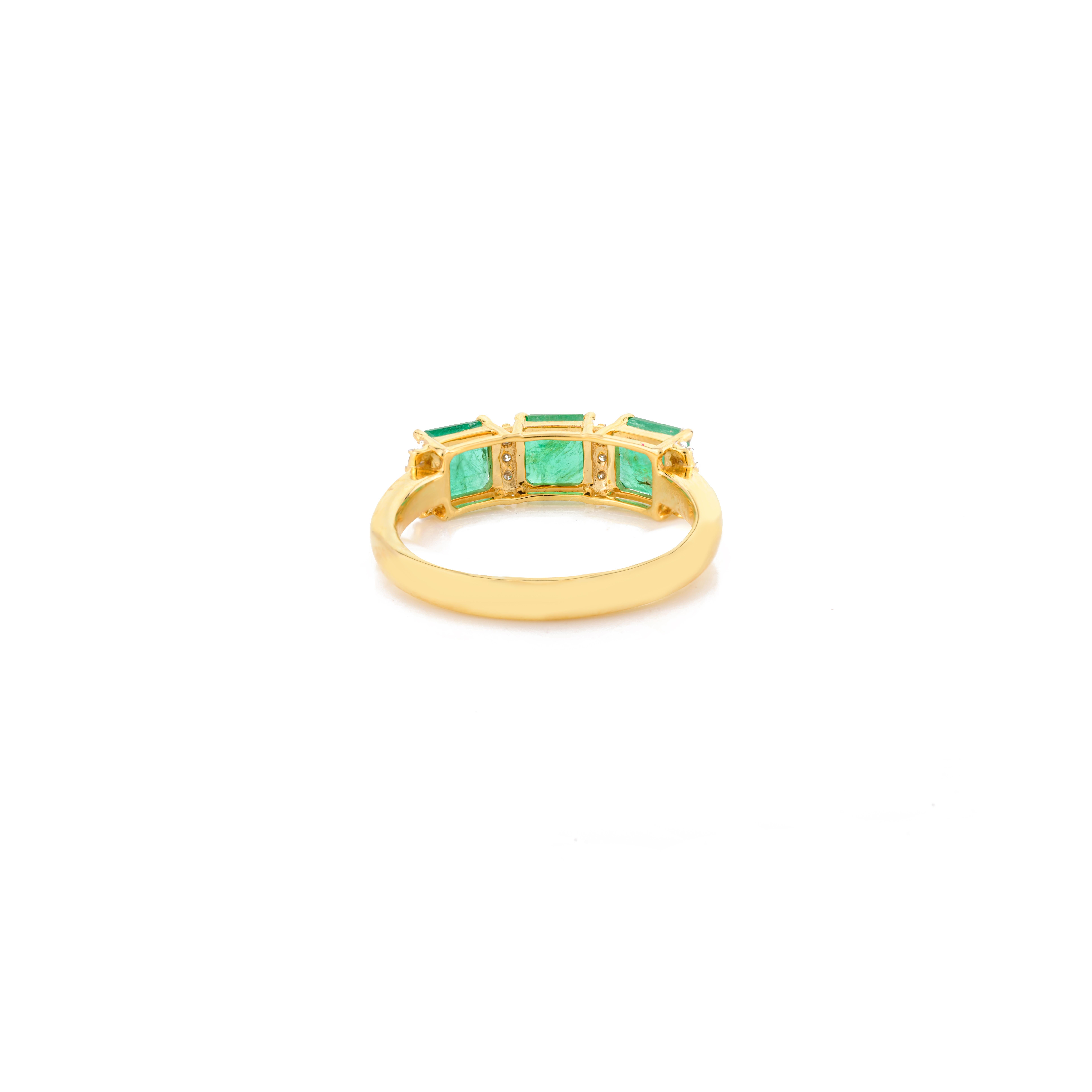 For Sale:  Ascher Cut Three Stone Emerald Diamond Engagement Ring in 14k Solid Yellow Gold 3