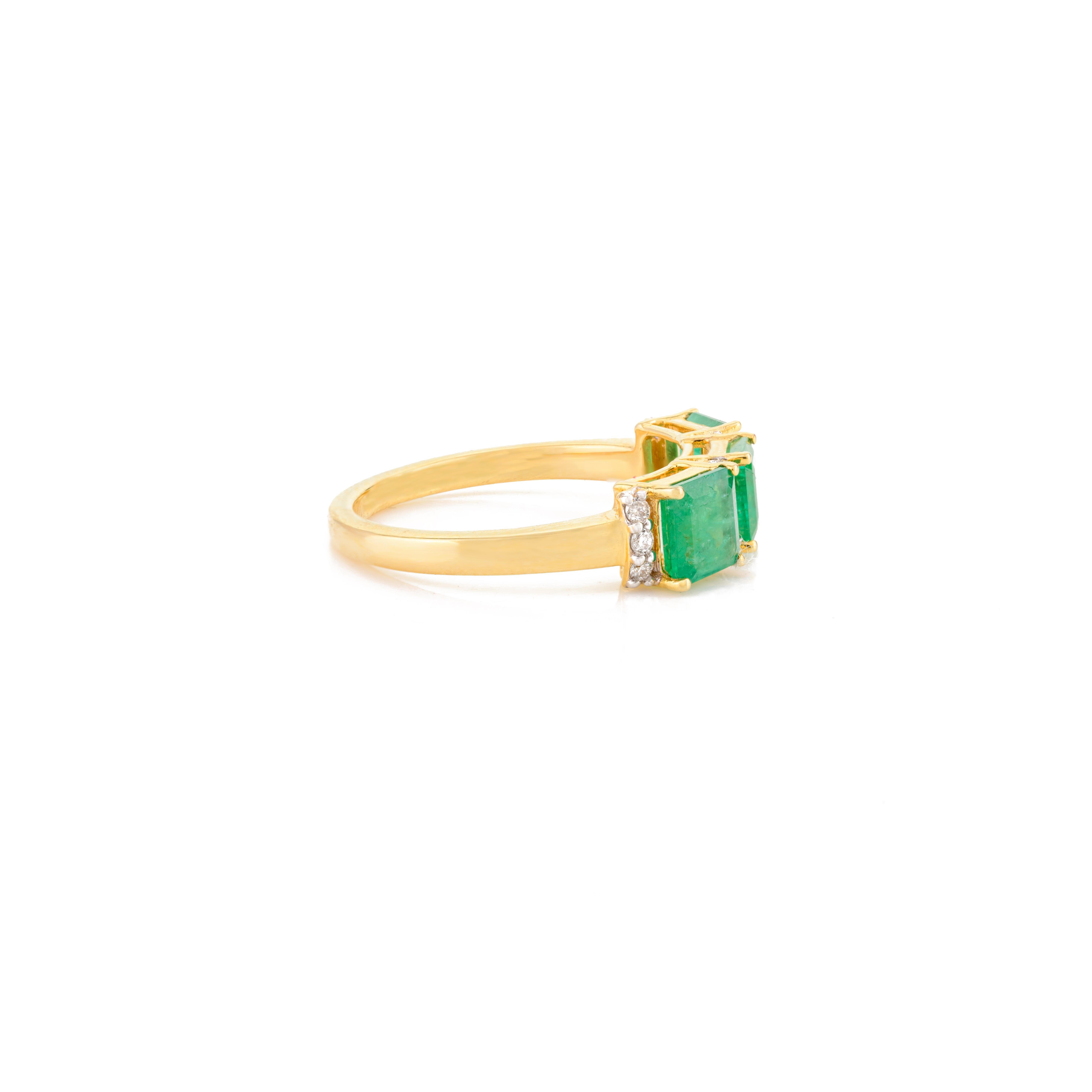 For Sale:  Ascher Cut Three Stone Emerald Diamond Engagement Ring in 14k Solid Yellow Gold 5