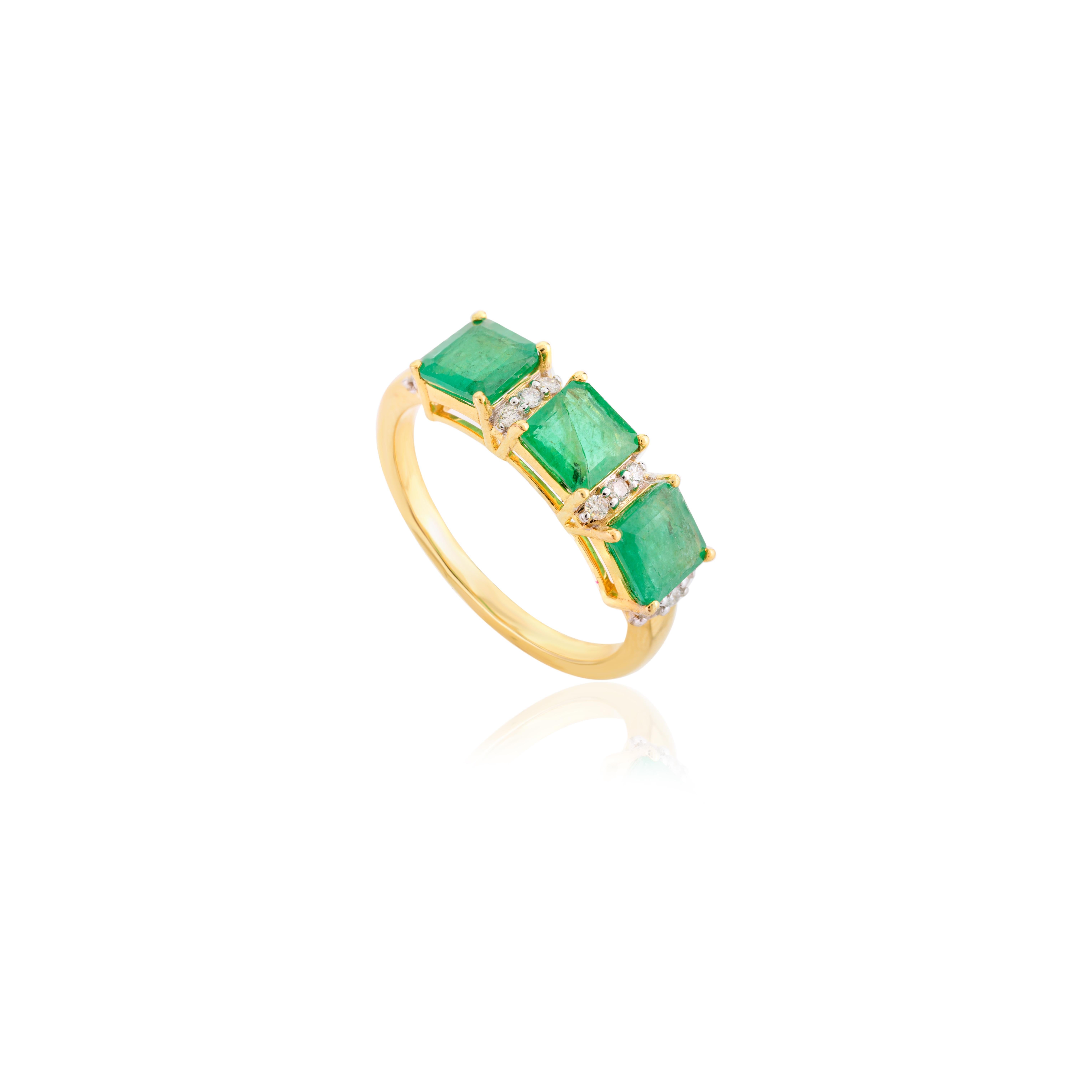 For Sale:  Ascher Cut Three Stone Emerald Diamond Engagement Ring in 14k Solid Yellow Gold 7