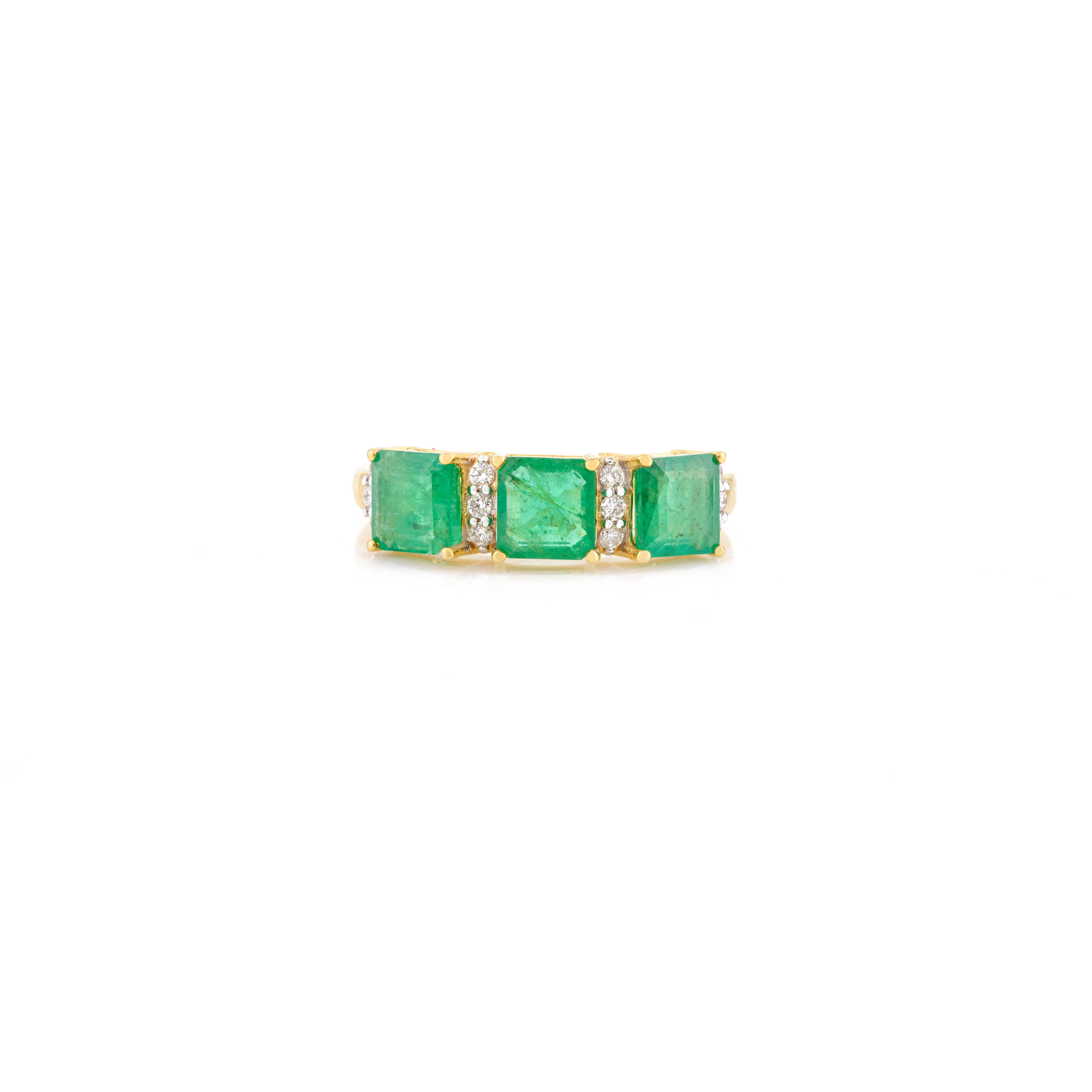 For Sale:  Ascher Cut Three Stone Emerald Diamond Engagement Ring in 14k Solid Yellow Gold 8