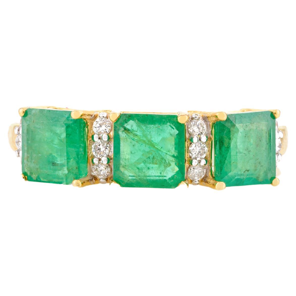 For Sale:  Ascher Cut Three Stone Emerald Diamond Engagement Ring in 14k Solid Yellow Gold