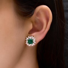Ascher Zambian Emerald Diamond Halo Cluster Stud Earrings 14 Karat White Gold