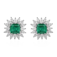 Ascher Zambian Emerald Diamond Halo Cluster Stud Earrings 18 Karat White Gold