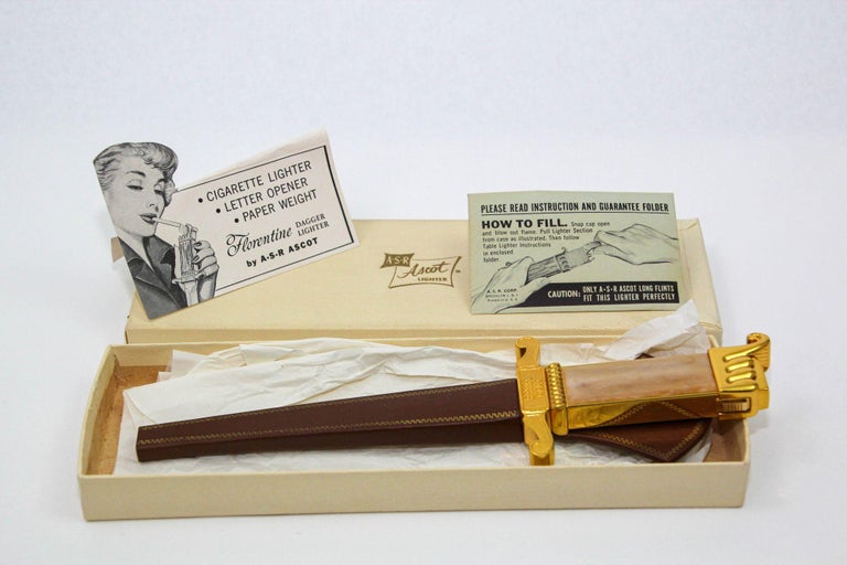 asr cigarette lighter Ascot Florentine Dagger Lighter Letter Opener Paper Weight Gold and Brown  1950s For Sale at 1stDibs