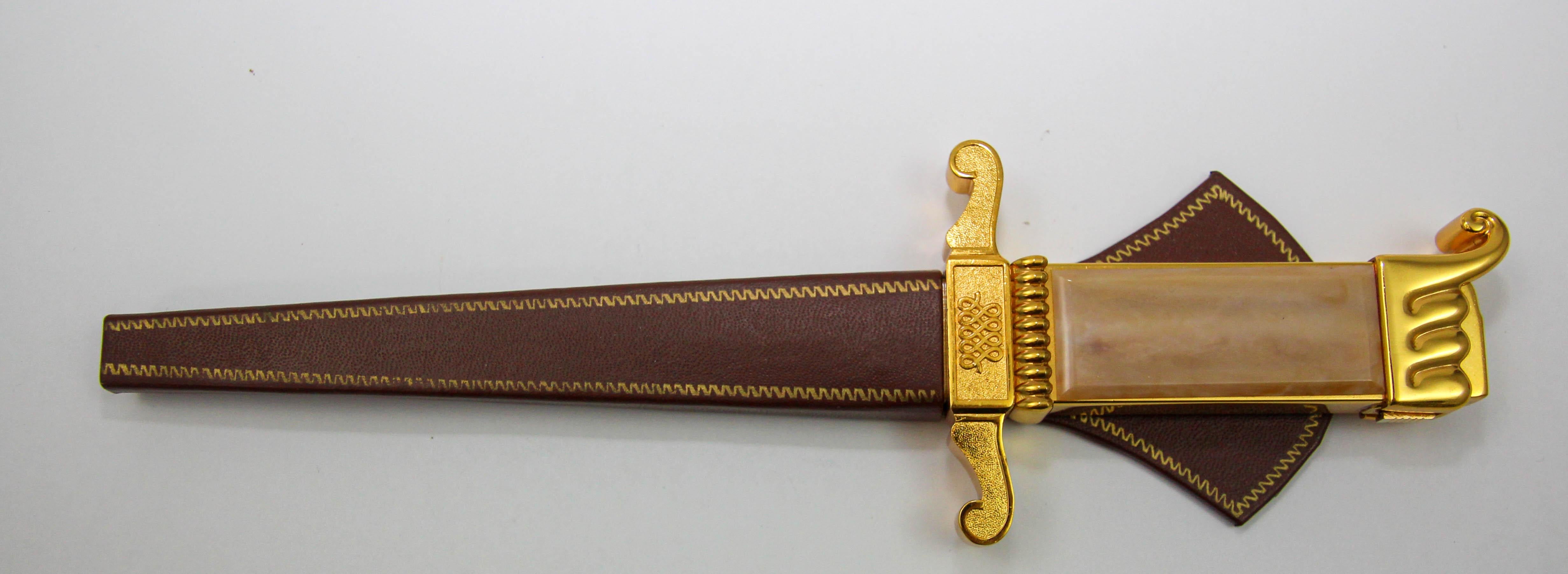 American Ascot Florentine Dagger Lighter Letter Opener Paper Weight Gold and Brown 1950s For Sale