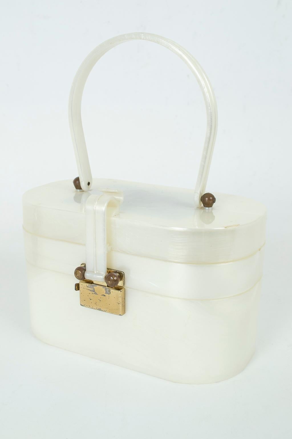 Women's Ascot New York Oval Mother of Pearl Lucite Double Decker Box Purse, 1950s For Sale