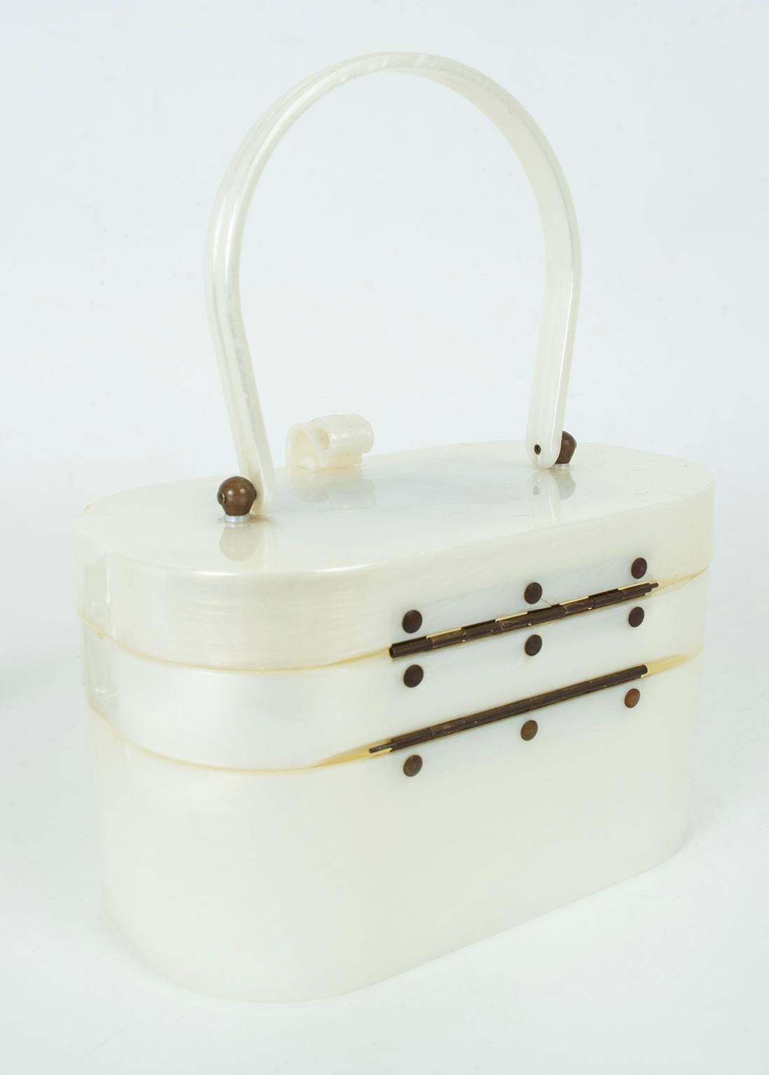 Ascot New York Oval Mother of Pearl Lucite Double Decker Box Purse, 1950s For Sale 2
