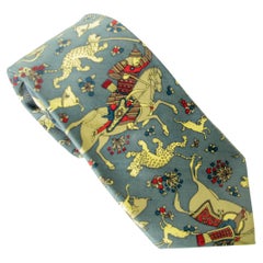 Ascot Silk Gentleman's Tie Horse Tigers Antelope Pattern Blue and Gold