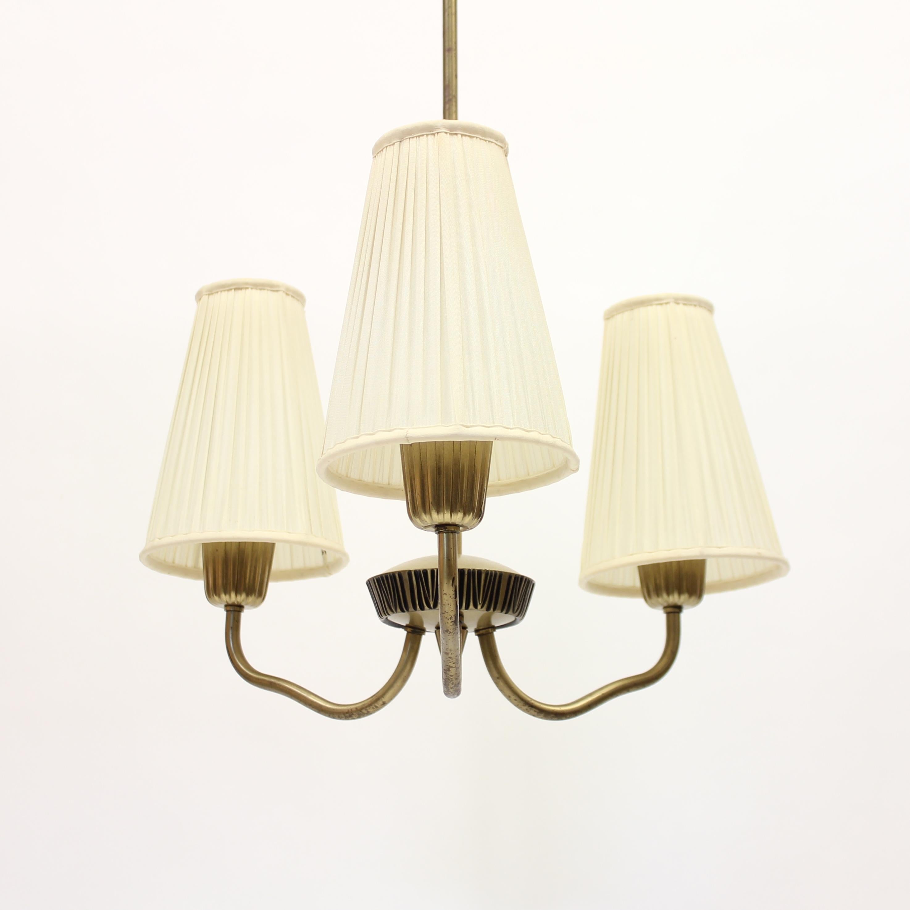 Scandinavian Modern ASEA, 3-Light Brass Ceiling Lamp, Attributed to Sonja Katzin, 1950s