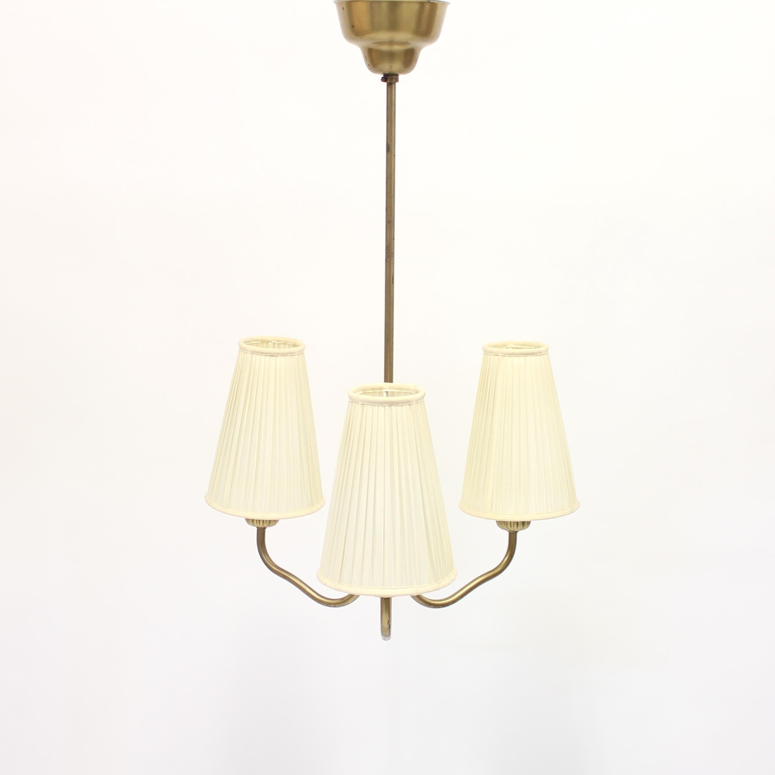 Swedish ASEA, 3-Light Brass Ceiling Lamp, Attributed to Sonja Katzin, 1950s