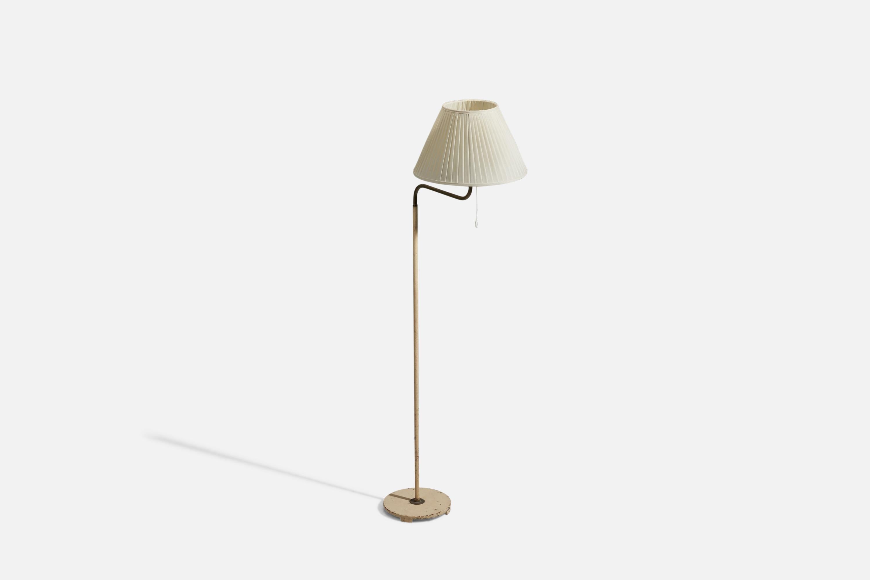 Swedish ASEA, Adjustable Floor Lamp, Brass, Grey Lacquer Metal, Fabric, Sweden, 1940s For Sale