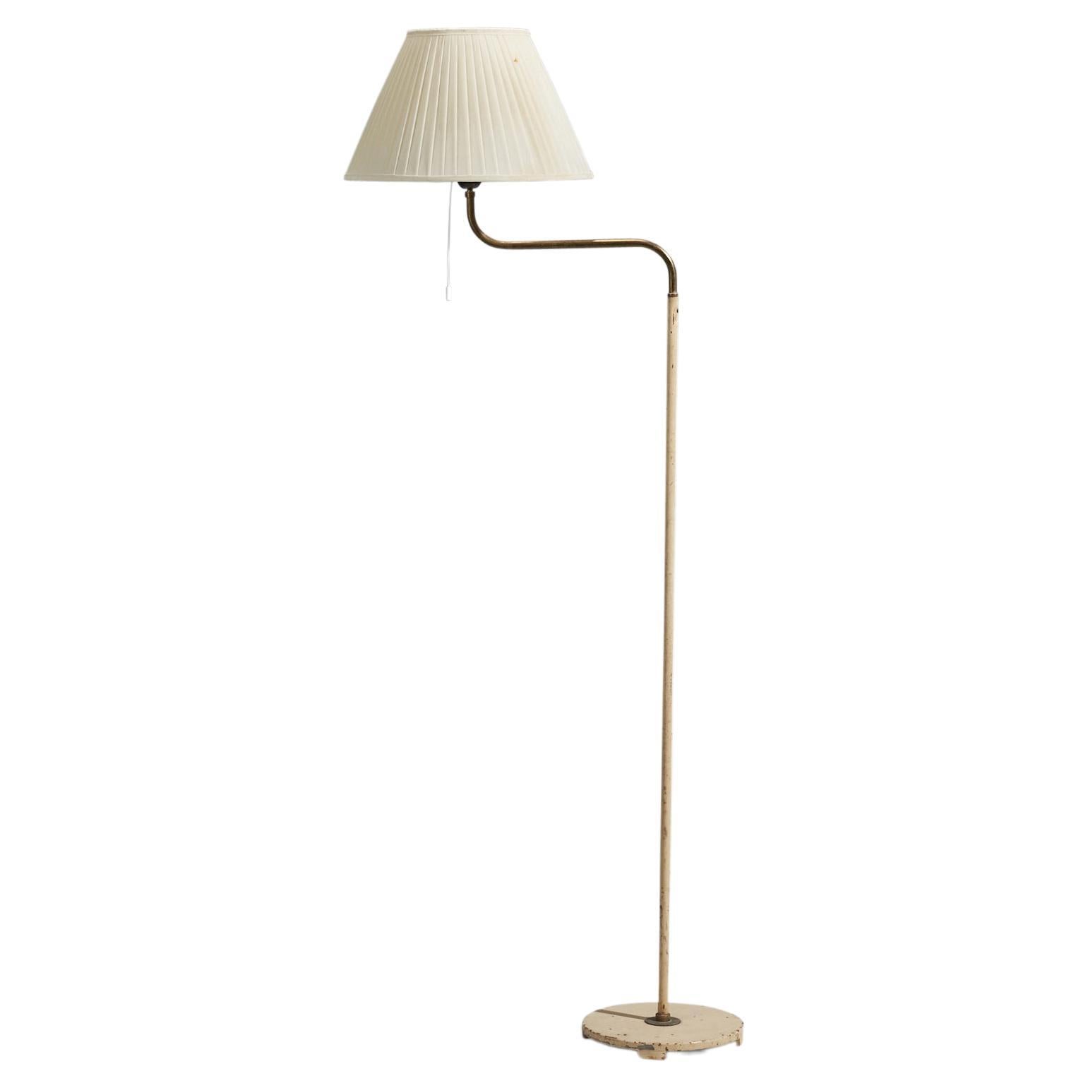 ASEA, Adjustable Floor Lamp, Brass, Grey Lacquer Metal, Fabric, Sweden, 1940s For Sale