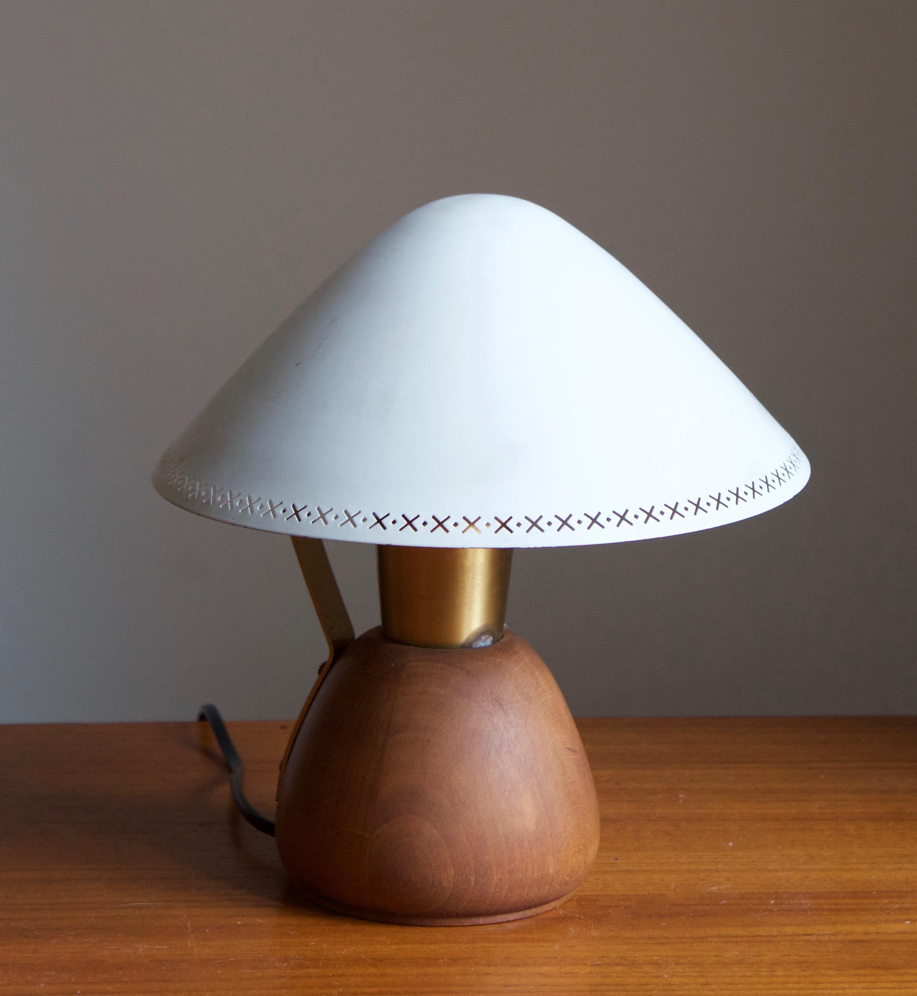 Swedish ASEA, Adjustable Table lamp, Brass, teak, lacquered metal, Sweden, 1940s