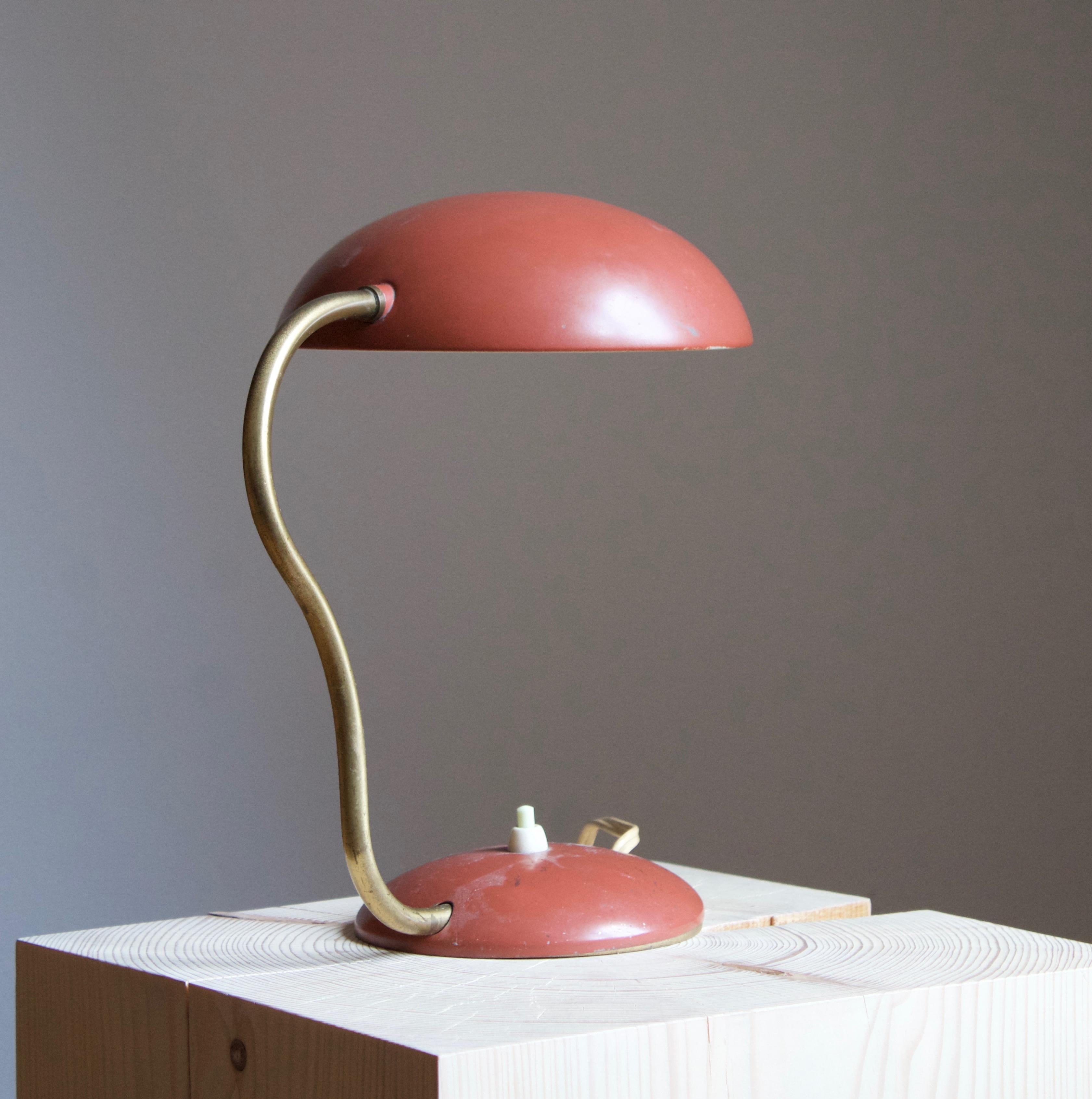 Mid-Century Modern ASEA, Adjustable Table Lamp / Desk Light, Red Lacqured Metal Brass, Sweden 1950s
