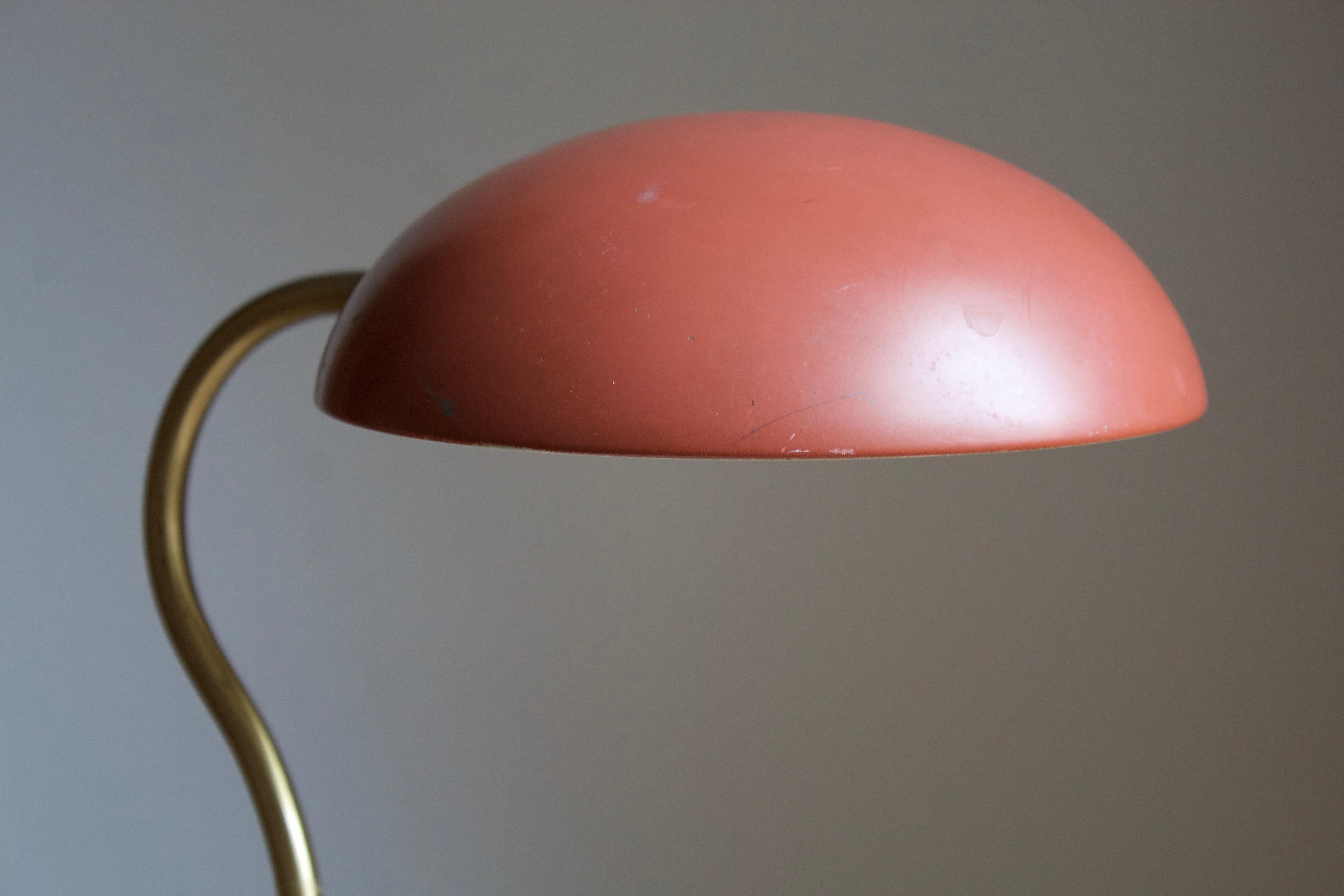 Swedish ASEA, Adjustable Table Lamp / Desk Light, Red Lacqured Metal Brass, Sweden 1950s