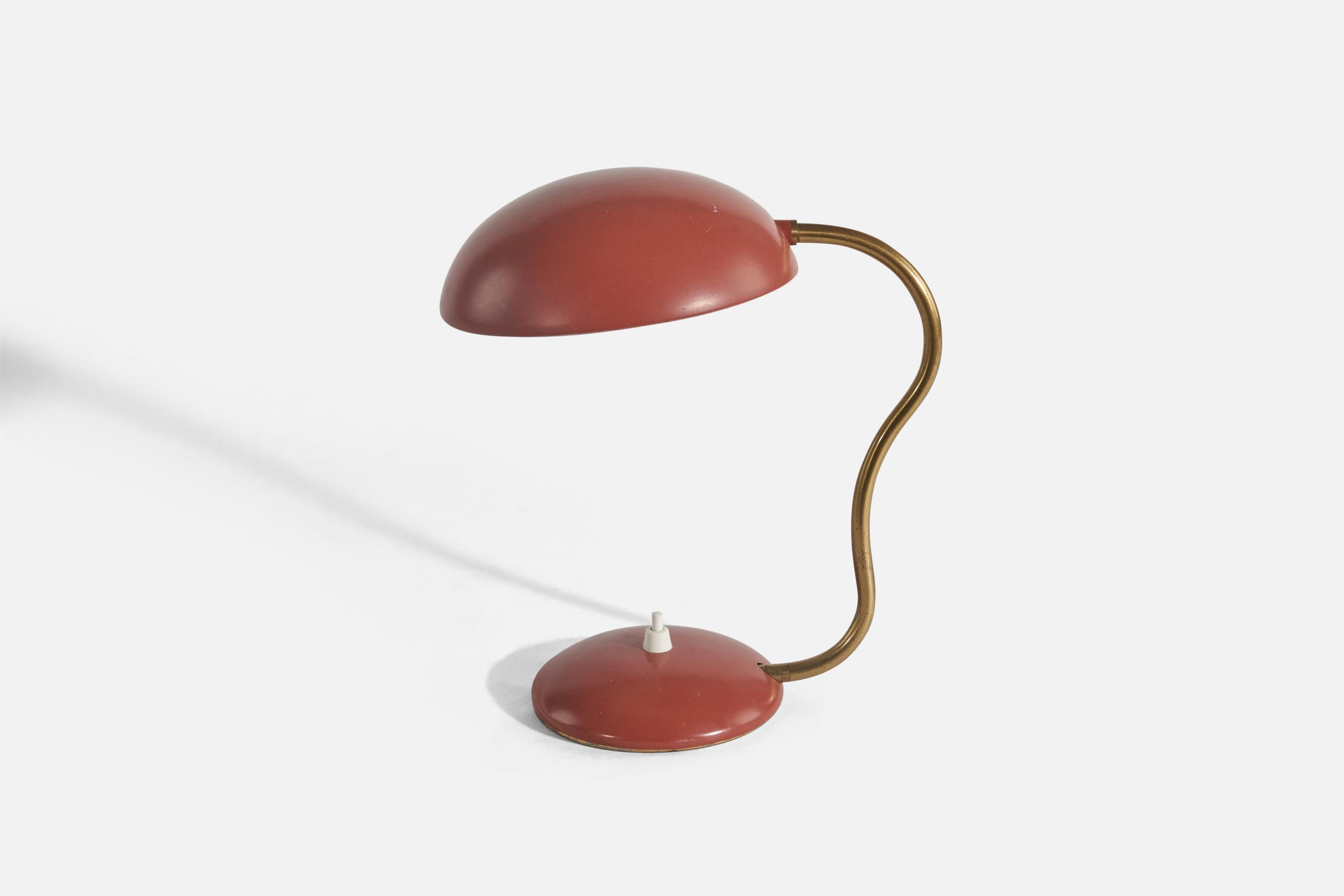 Mid-Century Modern ASEA, Adjustable Table Lamp, Red-Lacquered Metal, Brass, Sweden, 1950s For Sale