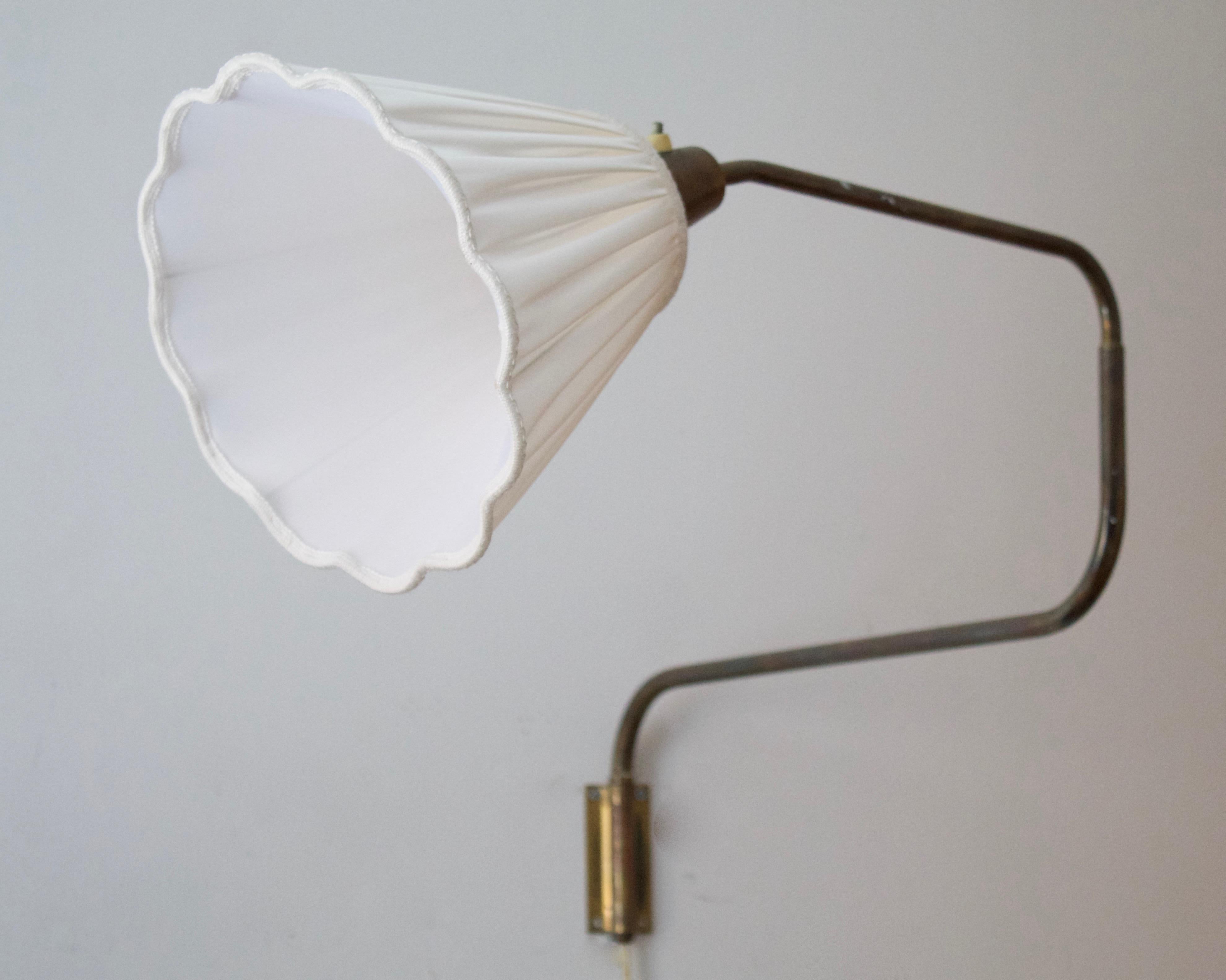 Scandinavian Modern ASEA, Adjustable Wall Light, Brass, Fabric, Sweden, 1940s For Sale