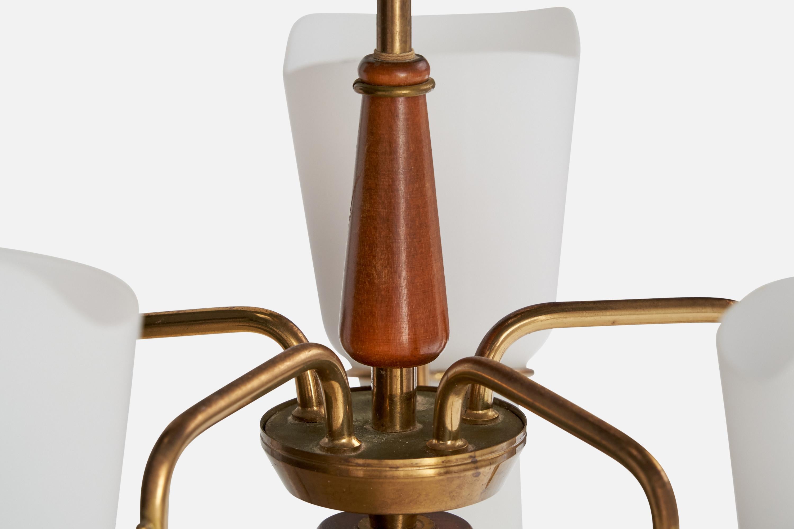 ASEA attribution, Chandelier, Brass, Glass, Wood, Sweden, 1950s For Sale 4
