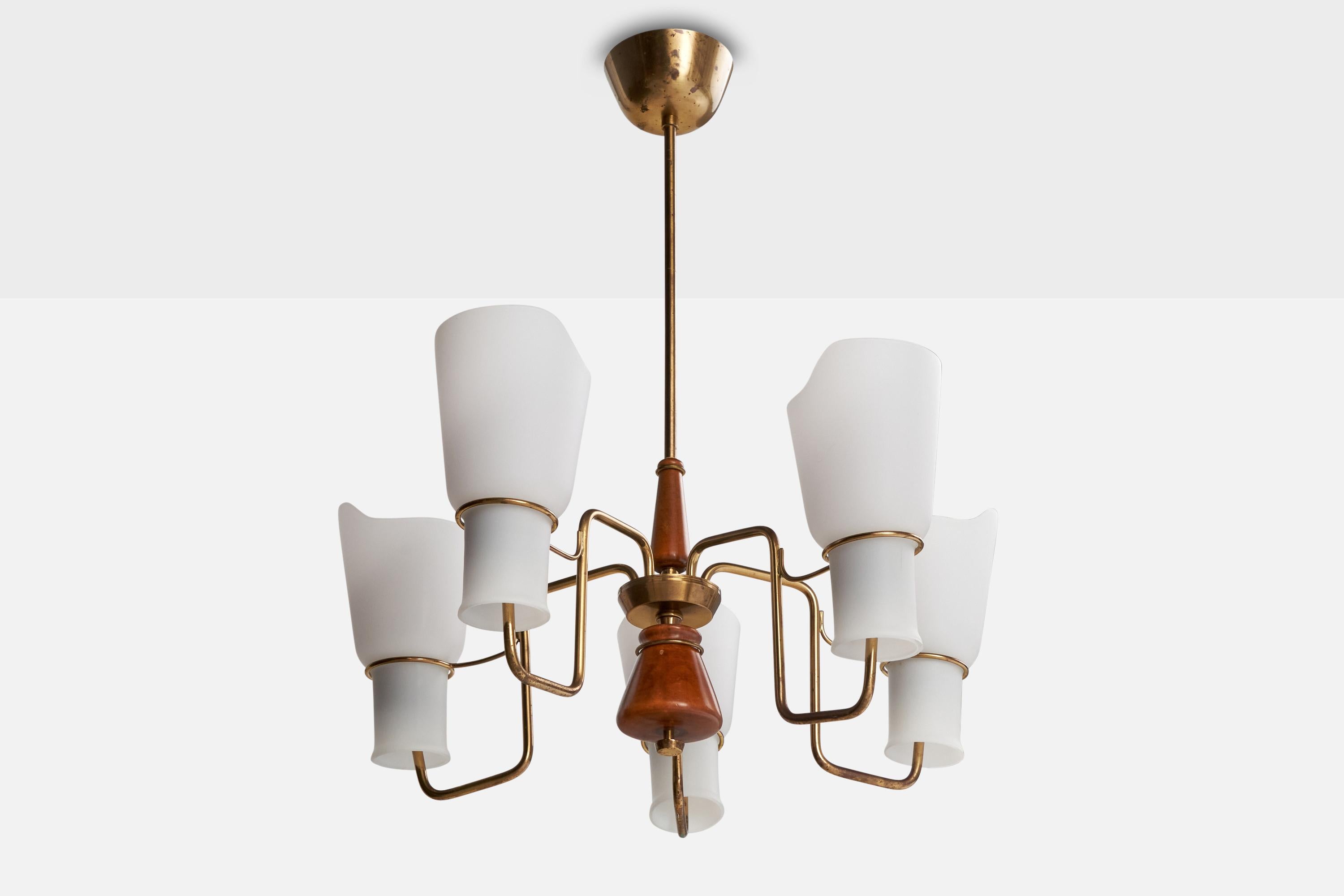 A brass, dark-stained wood and white opaline glass chandelier attributed to ASEA, Sweden, c. 1950s.

Overall Dimensions (inches): 24.25” H x  21” Diameter

Dimensions of Canopy:  2.25” H x 4.375” diameter 

Stem length: 11” H

Bulb Specifications: