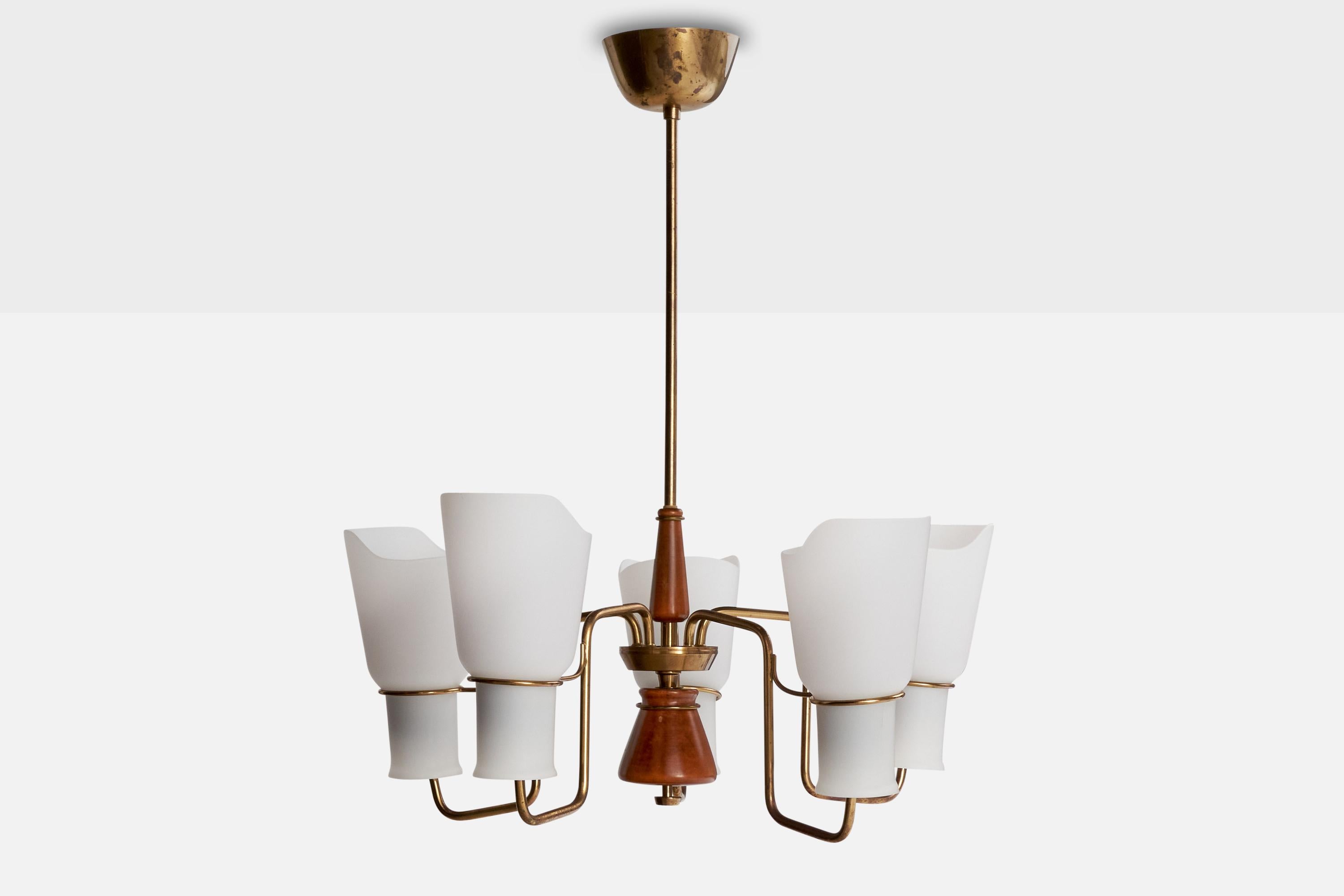 Mid-Century Modern ASEA attribution, Chandelier, Brass, Glass, Wood, Sweden, 1950s For Sale
